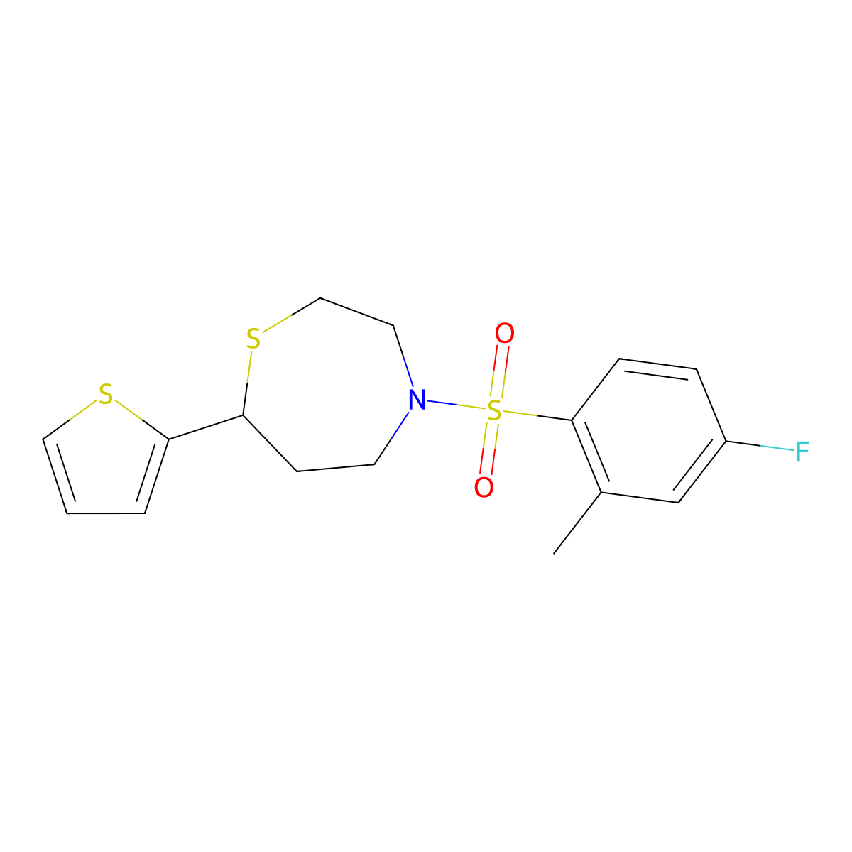 4-((4-Fluoro-2-methylphenyl)sulfonyl)-7-(thiophen-2-yl)-1,4-thiazepane molecular structure, CAS 1704637-89-7