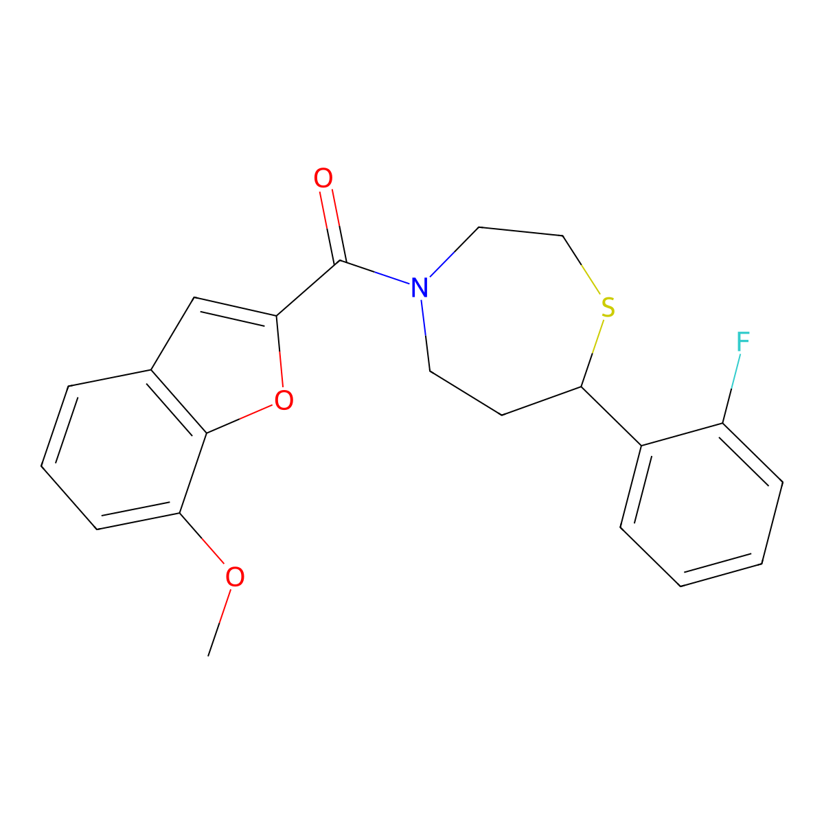 (7-(2-Fluorophenyl)-1,4-thiazepan-4-yl)(7-methoxybenzofuran-2-yl)methanone molecular structure, CAS 1704638-30-1