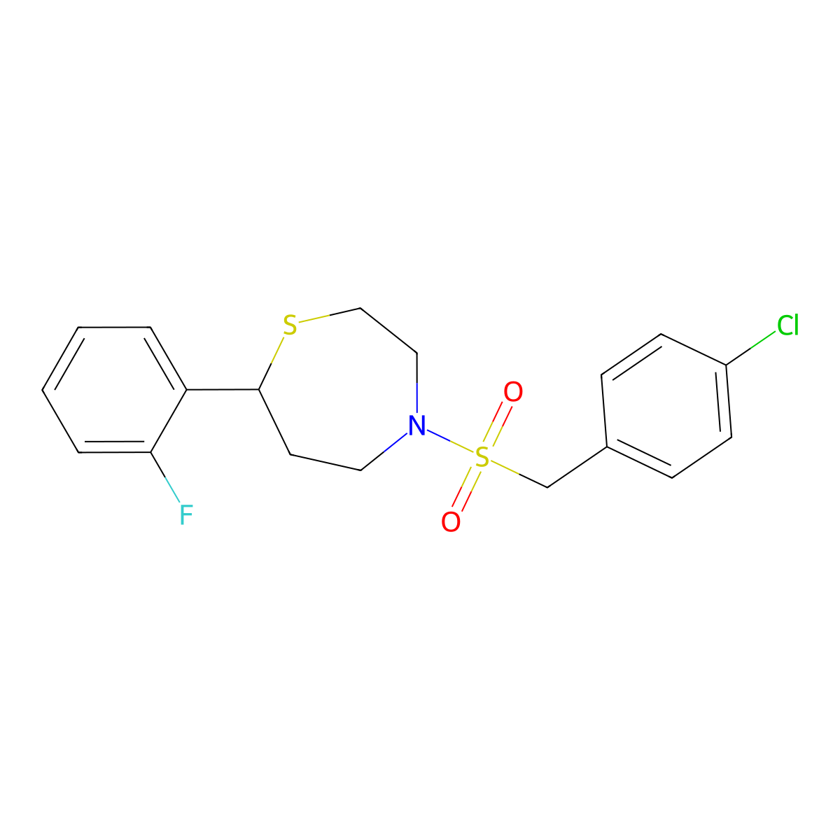 4-((4-Chlorobenzyl)sulfonyl)-7-(2-fluorophenyl)-1,4-thiazepane molecular structure, CAS 1704638-72-1