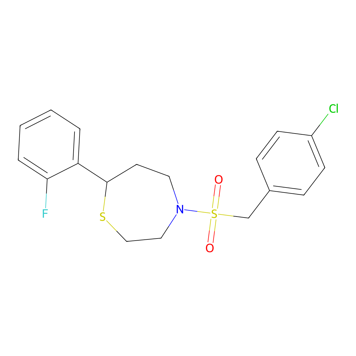 4-((4-Chlorobenzyl)sulfonyl)-7-(2-fluorophenyl)-1,4-thiazepane molecular structure, CAS 1704638-72-1