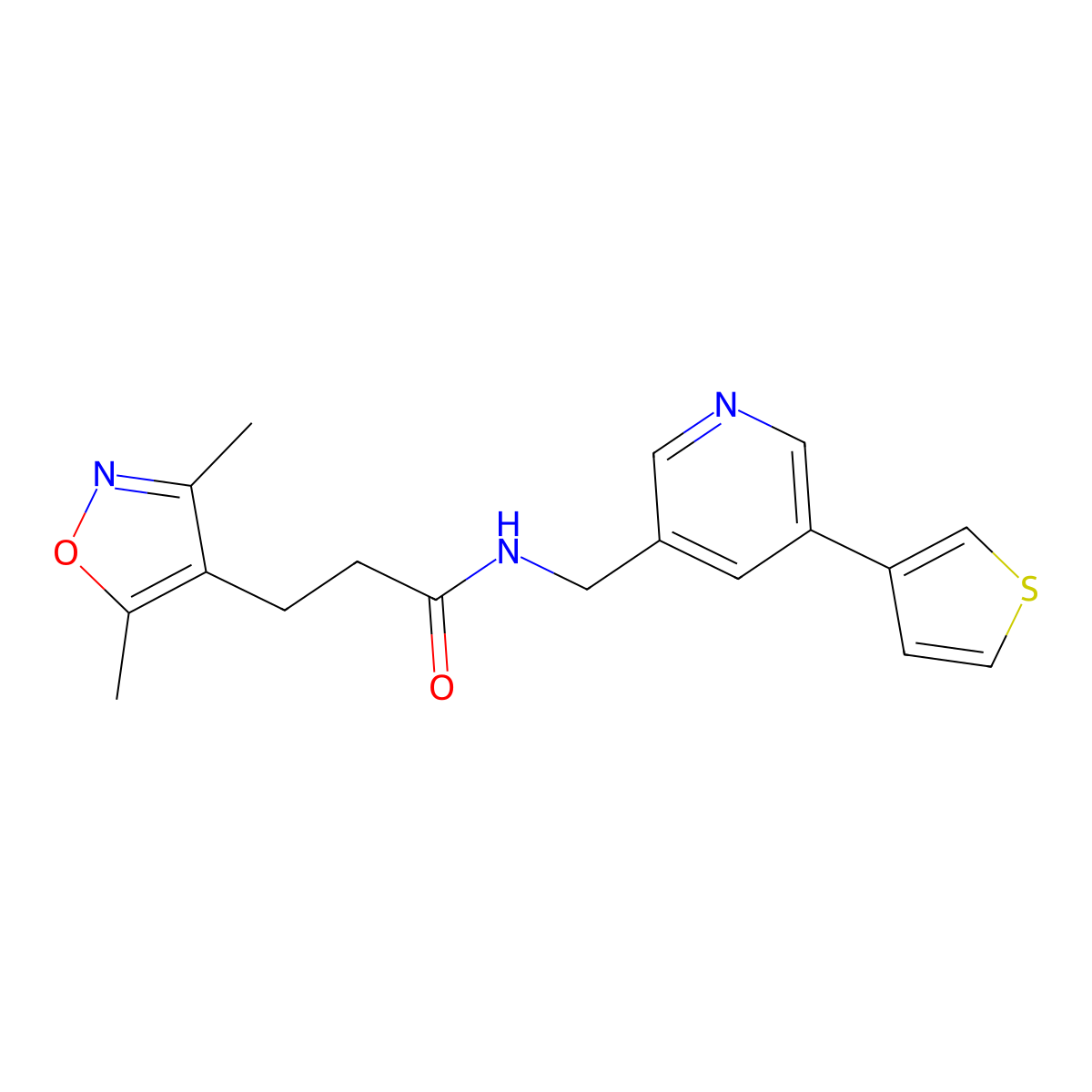 3-(3,5-dimethylisoxazol-4-yl)-N-((5-(thiophen-3-yl)pyridin-3-yl)methyl)propanamide molecular structure, CAS 1704638-99-2