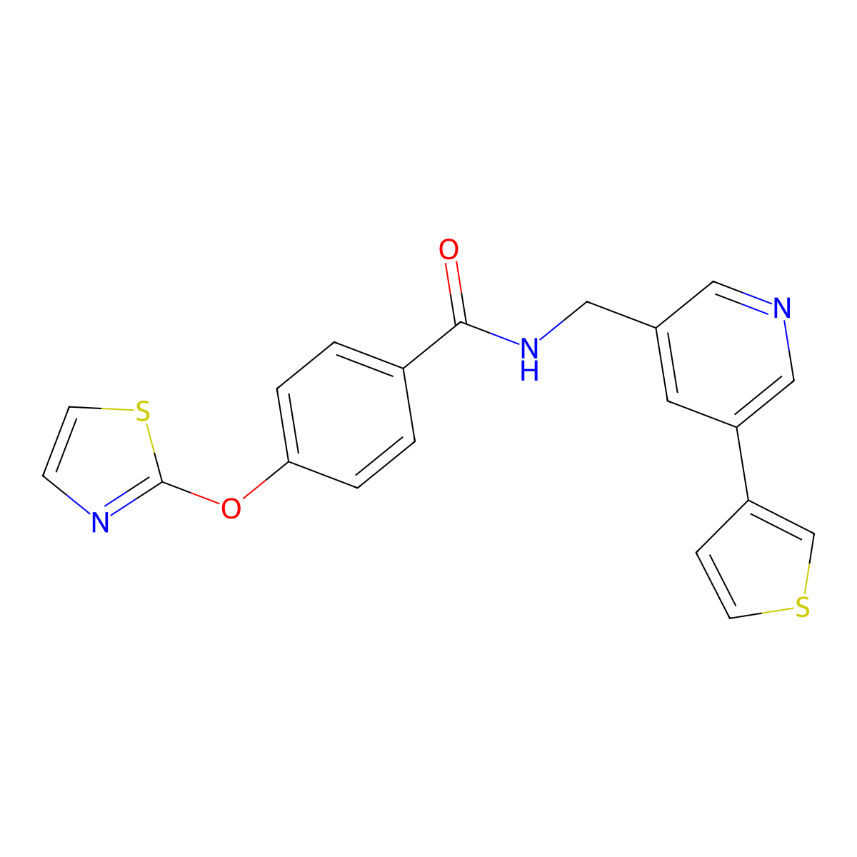 4-(thiazol-2-yloxy)-N-((5-(thiophen-3-yl)pyridin-3-yl)methyl)benzamide molecular structure, CAS 1704639-07-5