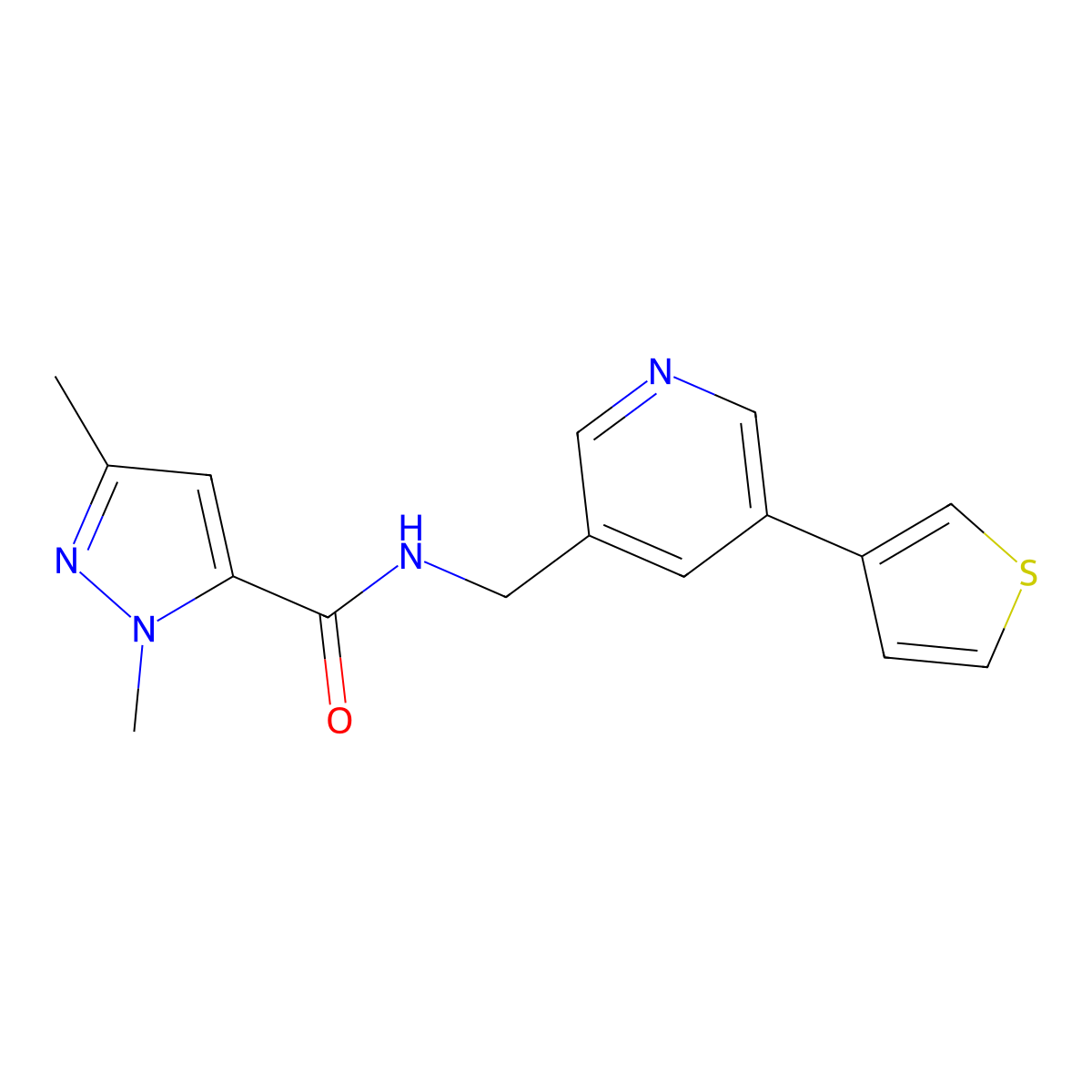 1,3-dimethyl-N-((5-(thiophen-3-yl)pyridin-3-yl)methyl)-1H-pyrazole-5-carboxamide molecular structure, CAS 1704639-10-0