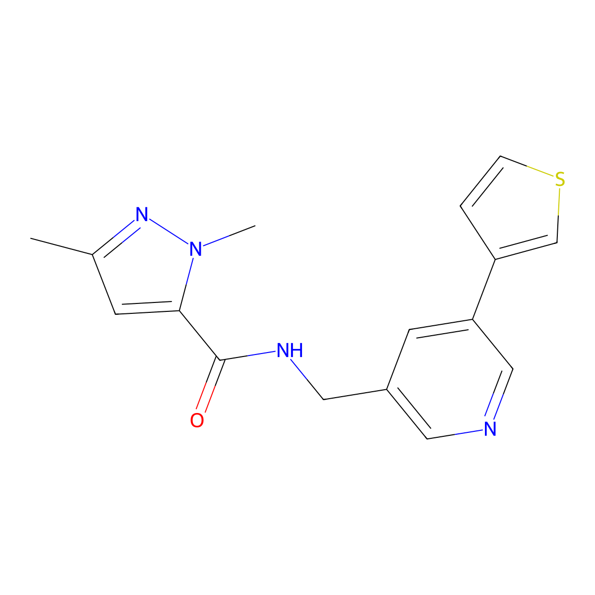 1,3-dimethyl-N-((5-(thiophen-3-yl)pyridin-3-yl)methyl)-1H-pyrazole-5-carboxamide molecular structure, CAS 1704639-10-0