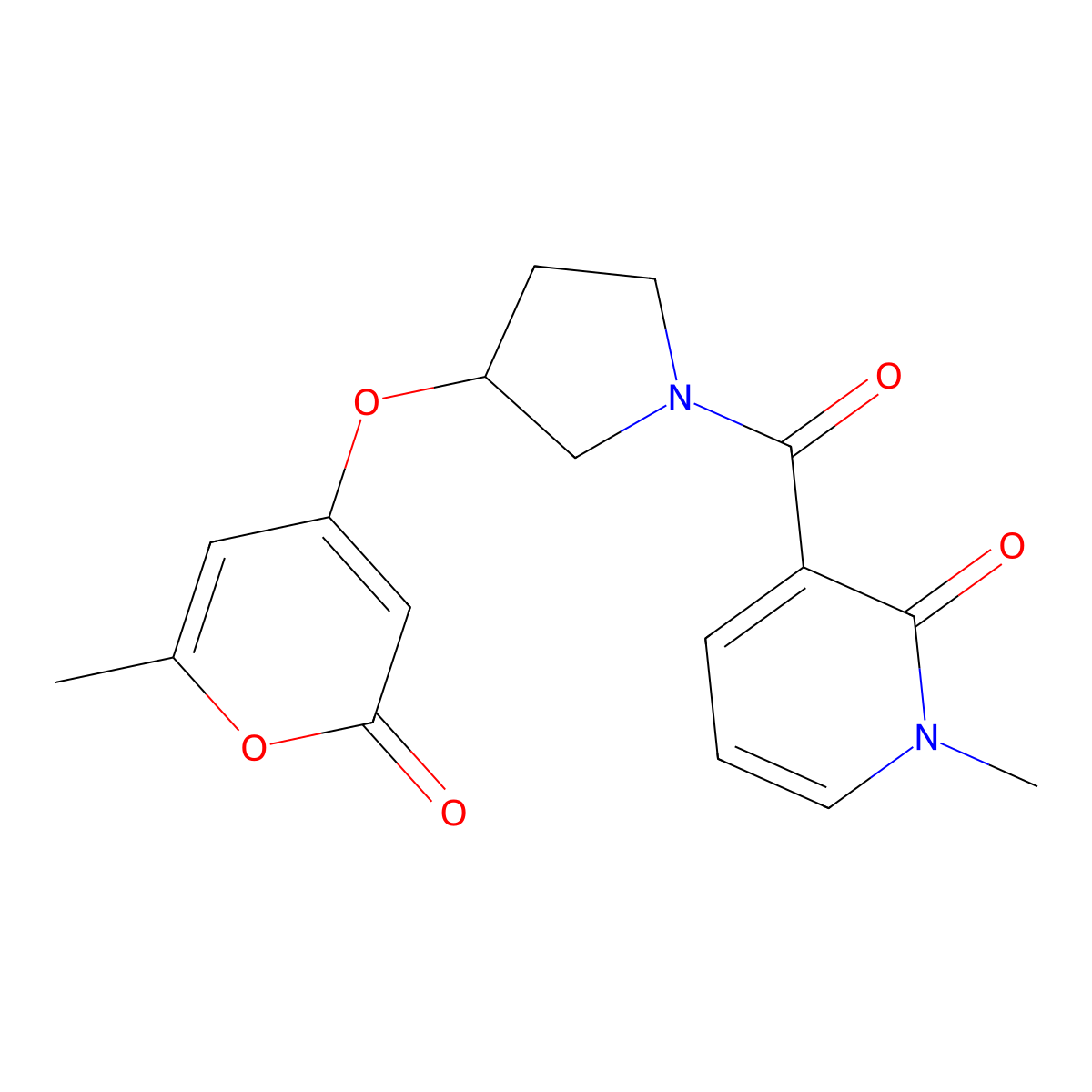 1-methyl-3-(3-((6-methyl-2-oxo-2H-pyran-4-yl)oxy)pyrrolidine-1-carbonyl)pyridin-2(1H)-one molecular structure, CAS 1704640-19-6