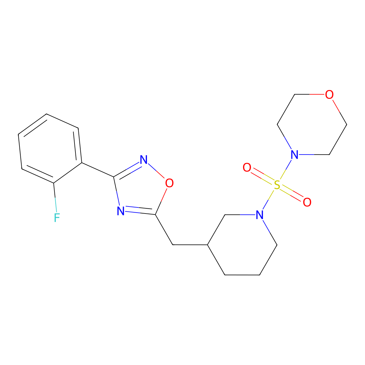 4-((3-((3-(2-Fluorophenyl)-1,2,4-oxadiazol-5-yl)methyl)piperidin-1-yl)sulfonyl)morpholine molecular structure, CAS 1704647-96-0