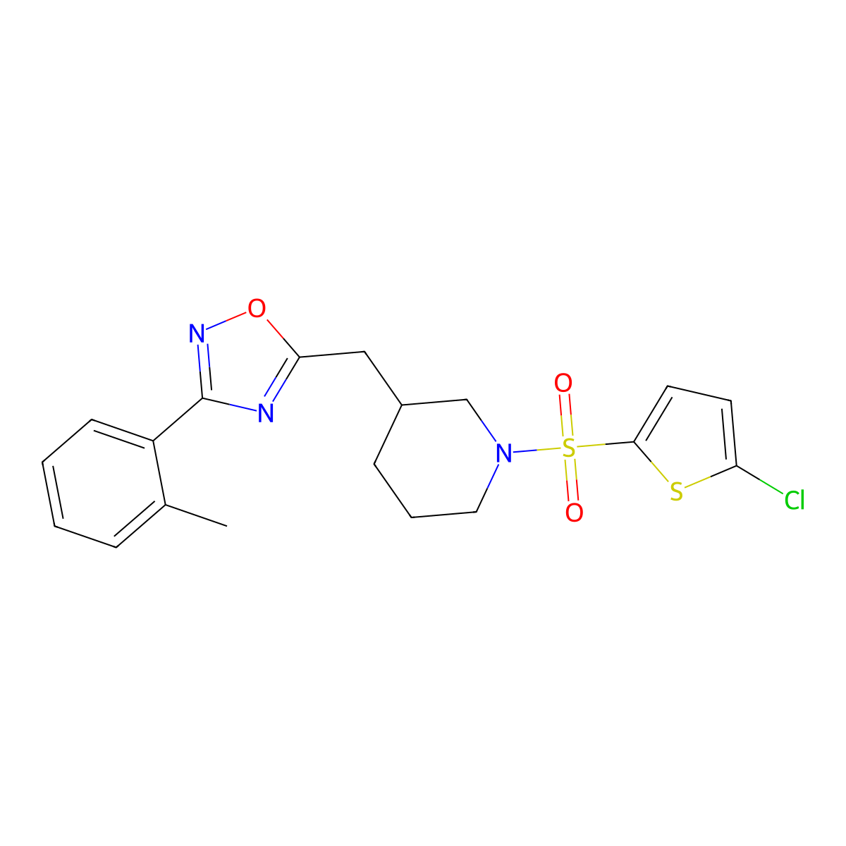 5-((1-((5-Chlorothiophen-2-yl)sulfonyl)piperidin-3-yl)methyl)-3-(o-tolyl)-1,2,4-oxadiazole molecular structure, CAS 1704648-66-7