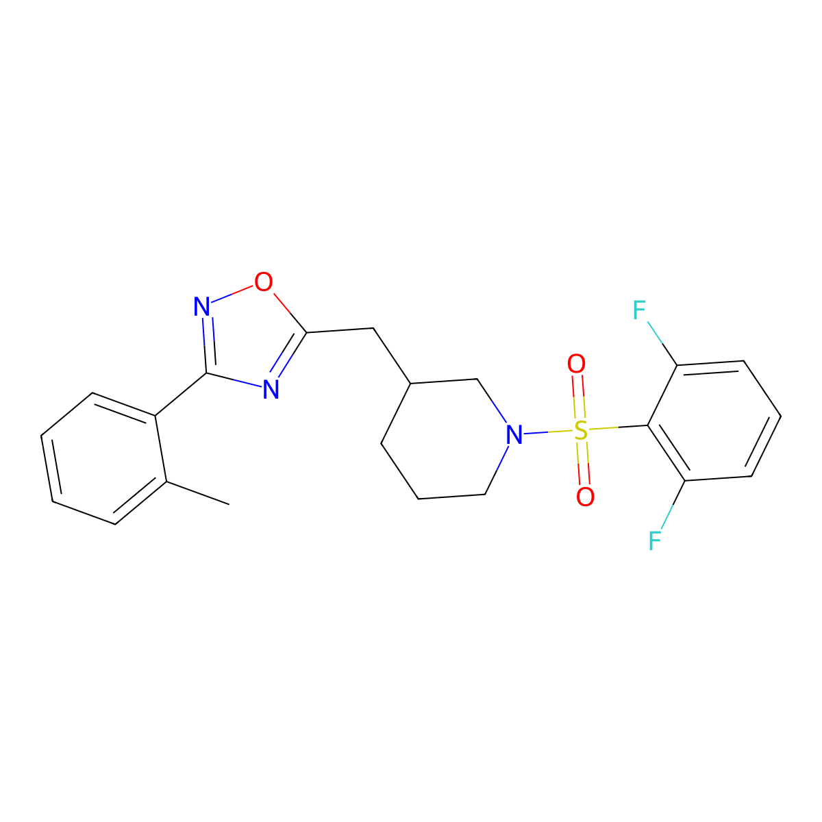 5-((1-((2,6-Difluorophenyl)sulfonyl)piperidin-3-yl)methyl)-3-(o-tolyl)-1,2,4-oxadiazole molecular structure, CAS 1704648-80-5