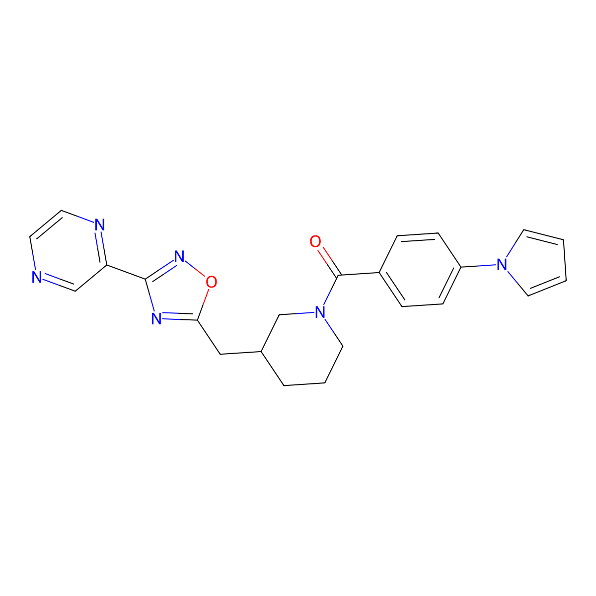 (4-(1H-pyrrol-1-yl)phenyl)(3-((3-(pyrazin-2-yl)-1,2,4-oxadiazol-5-yl)methyl)piperidin-1-yl)methanone molecular structure, CAS 1704649-02-4