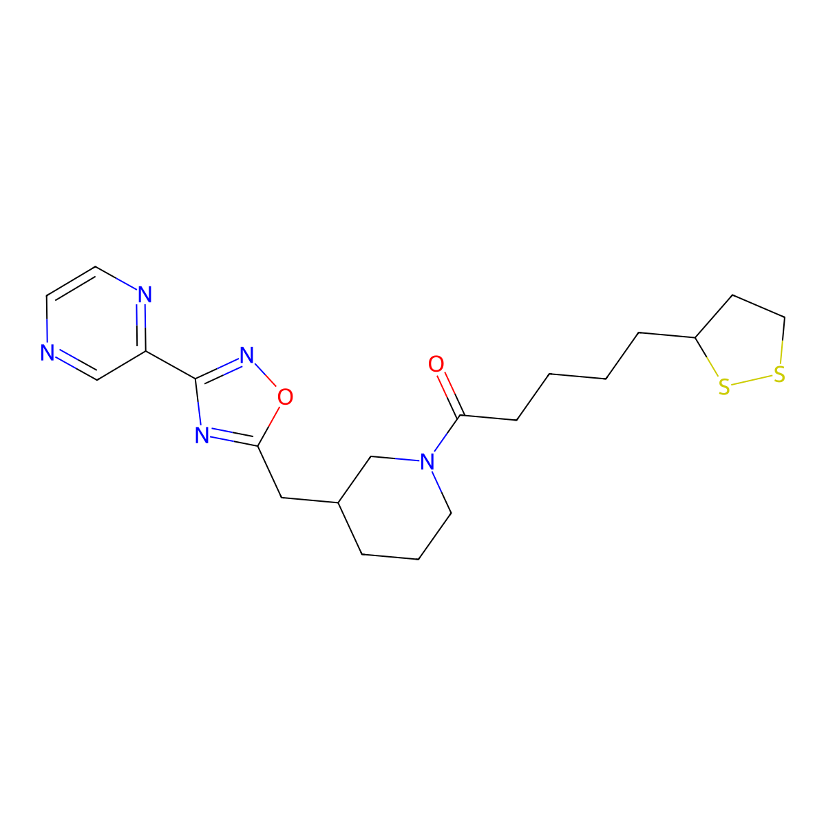 5-(1,2-Dithiolan-3-yl)-1-(3-((3-(pyrazin-2-yl)-1,2,4-oxadiazol-5-yl)methyl)piperidin-1-yl)pentan-1-one molecular structure, CAS 1704649-61-5