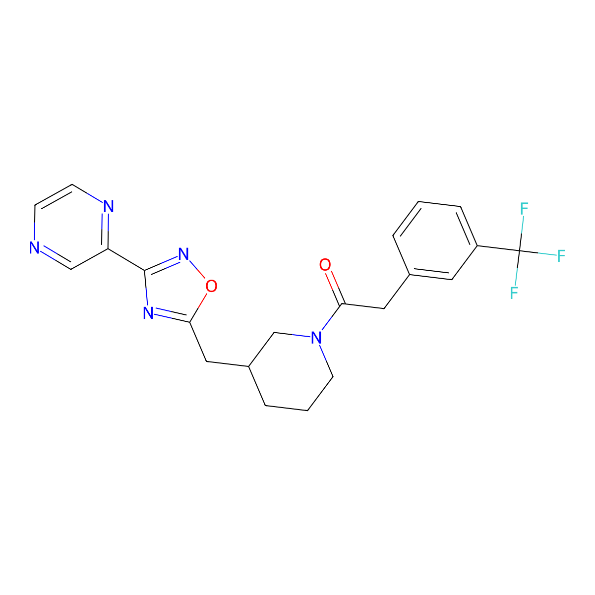 1-(3-((3-(Pyrazin-2-yl)-1,2,4-oxadiazol-5-yl)methyl)piperidin-1-yl)-2-(3-(trifluoromethyl)phenyl)ethanone molecular structure, CAS 1704649-67-1