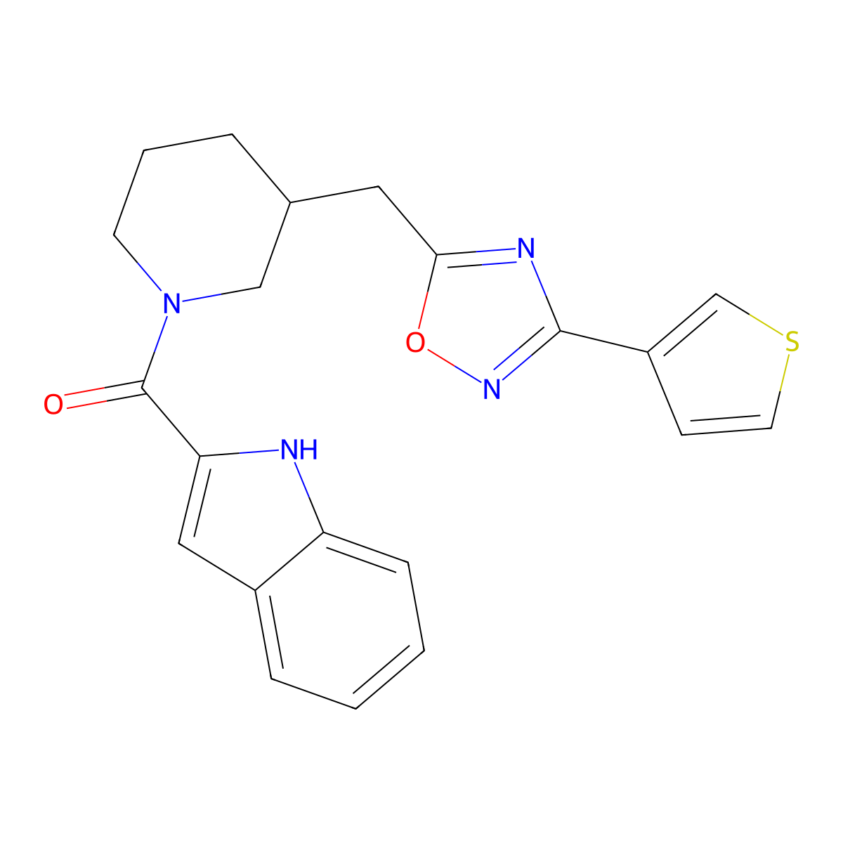 (1H-indol-2-yl)(3-((3-(thiophen-3-yl)-1,2,4-oxadiazol-5-yl)methyl)piperidin-1-yl)methanone molecular structure, CAS 1704650-25-8