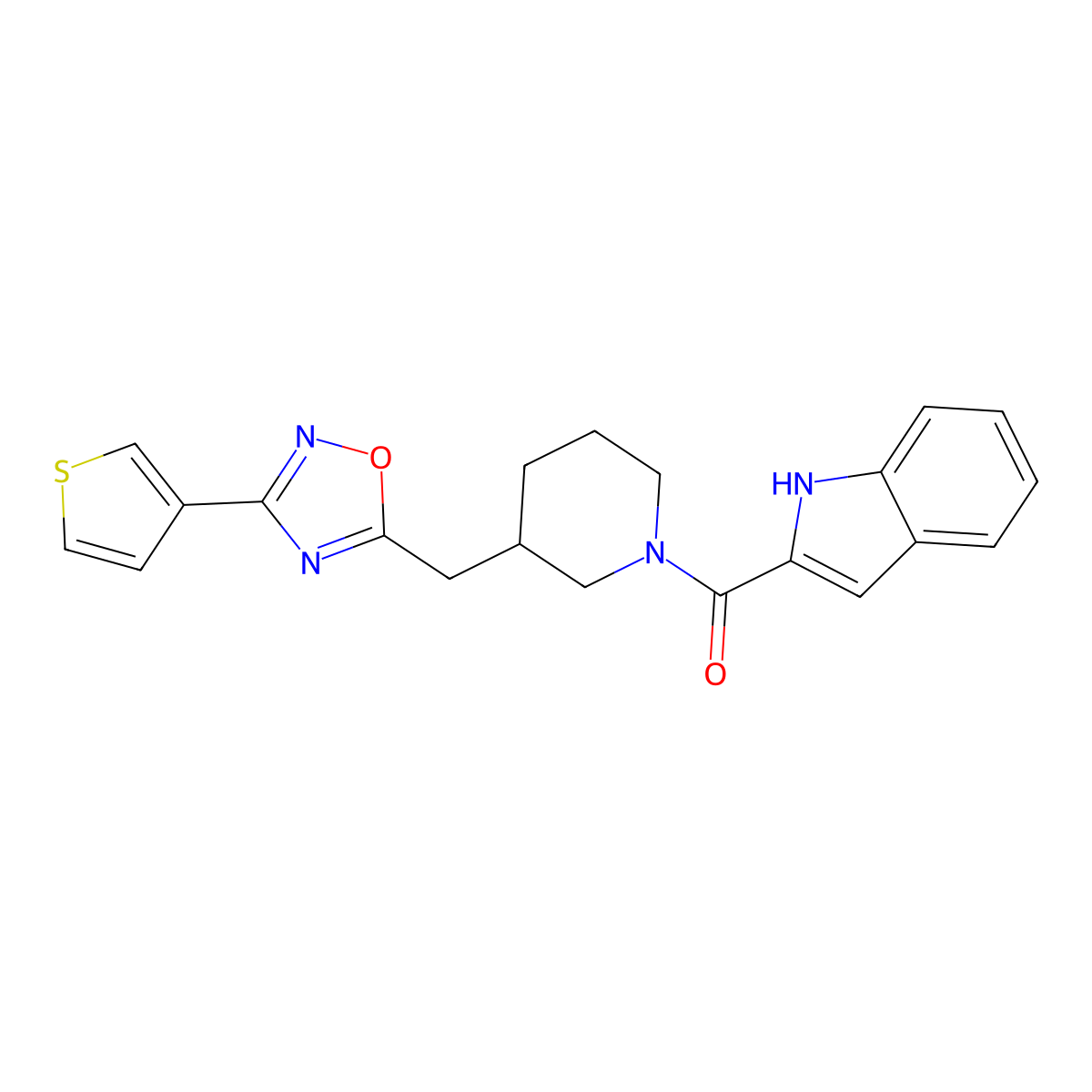 (1H-indol-2-yl)(3-((3-(thiophen-3-yl)-1,2,4-oxadiazol-5-yl)methyl)piperidin-1-yl)methanone molecular structure, CAS 1704650-25-8