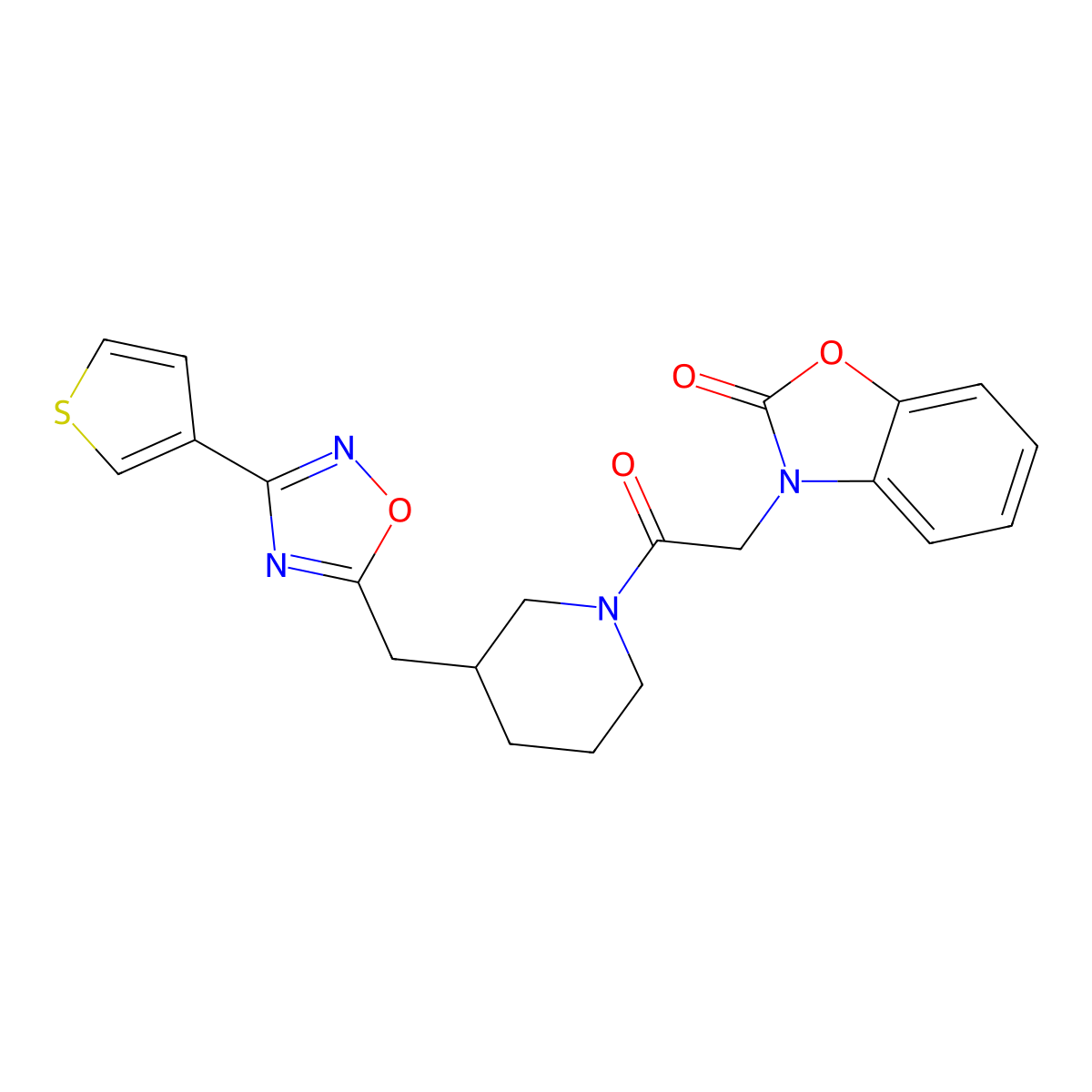 3-(2-oxo-2-(3-((3-(thiophen-3-yl)-1,2,4-oxadiazol-5-yl)methyl)piperidin-1-yl)ethyl)benzo[d]oxazol-2(3H)-one molecular structure, CAS 1704651-48-8