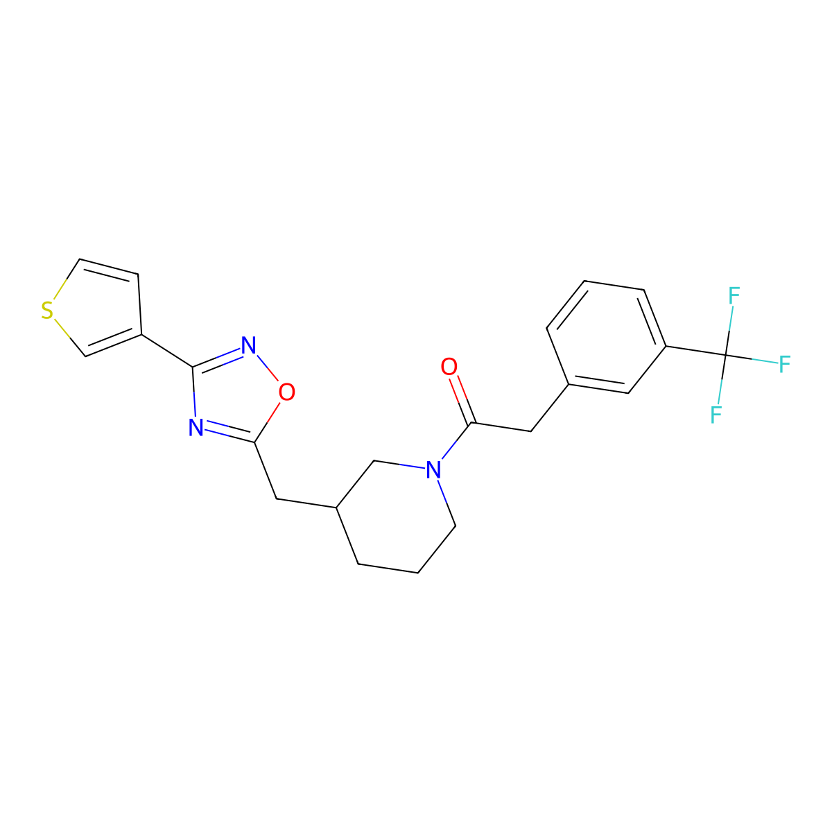 1-(3-((3-(Thiophen-3-yl)-1,2,4-oxadiazol-5-yl)methyl)piperidin-1-yl)-2-(3-(trifluoromethyl)phenyl)ethanone molecular structure, CAS 1704651-73-9