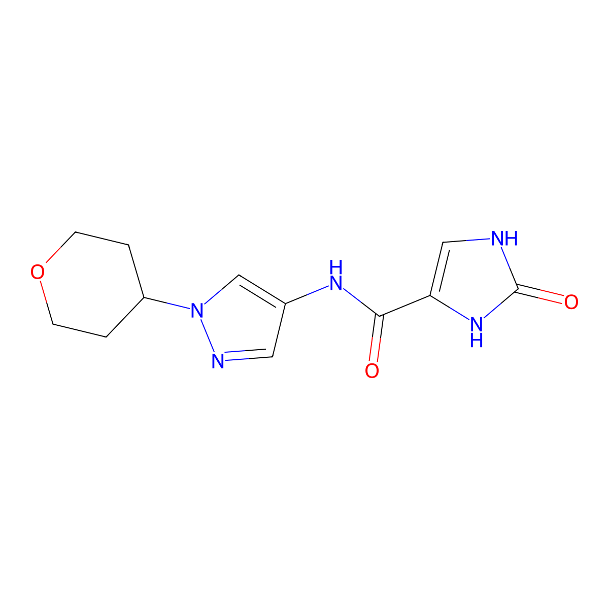 2-oxo-N-(1-(tetrahydro-2H-pyran-4-yl)-1H-pyrazol-4-yl)-2,3-dihydro-1H-imidazole-4-carboxamide molecular structure, CAS 1704657-98-6