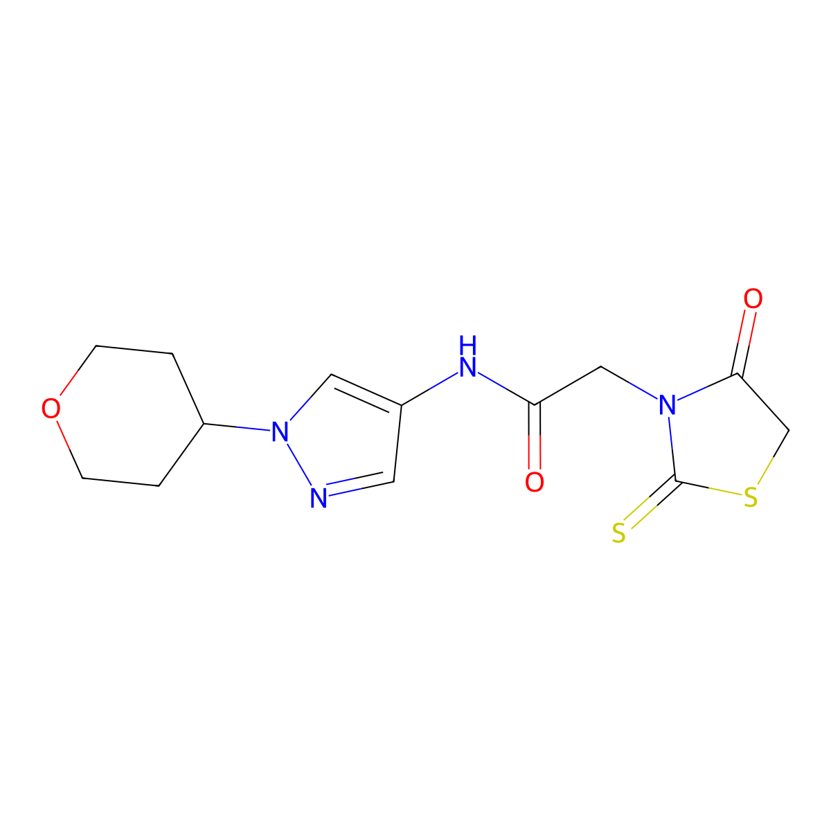 2-(4-oxo-2-thioxothiazolidin-3-yl)-N-(1-(tetrahydro-2H-pyran-4-yl)-1H-pyrazol-4-yl)acetamide molecular structure, CAS 1704658-66-1