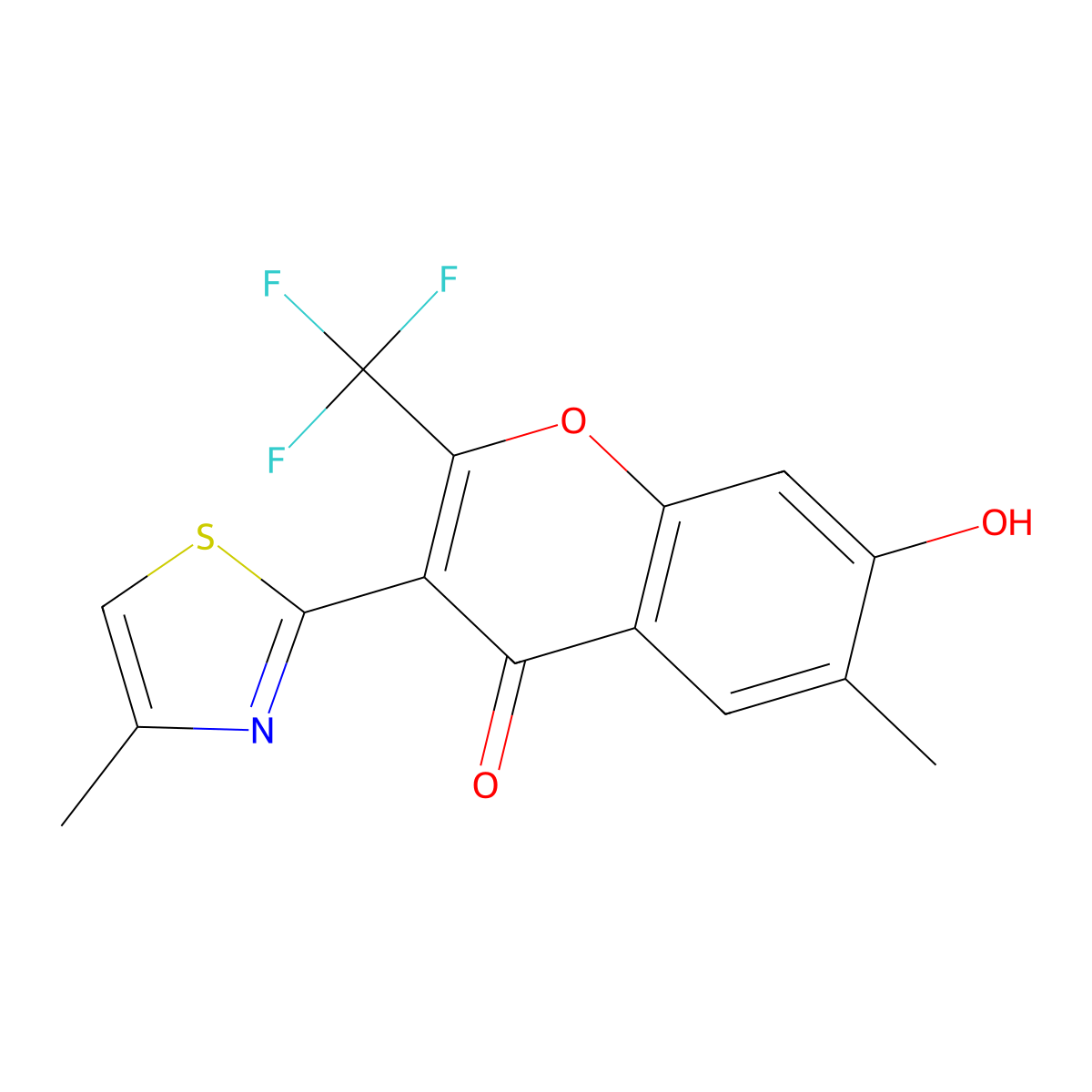 7-hydroxy-6-methyl-3-(4-methyl-1,3-thiazol-2-yl)-2-(trifluoromethyl)-4H-chromen-4-one molecular structure, CAS 170466-89-4
