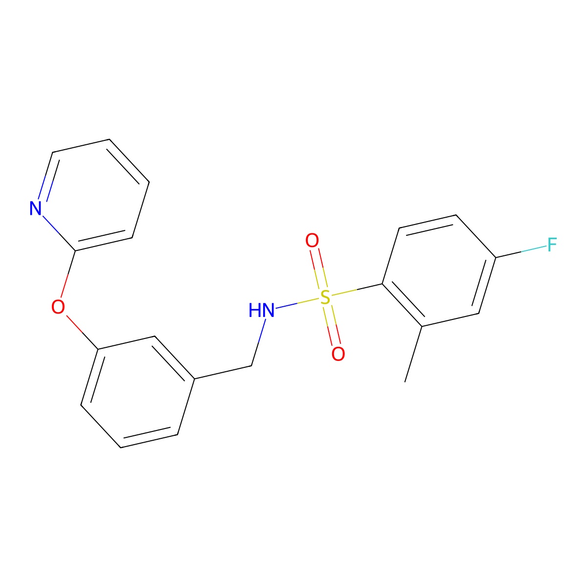 4-fluoro-2-methyl-N-(3-(pyridin-2-yloxy)benzyl)benzenesulfonamide molecular structure, CAS 1704660-23-0