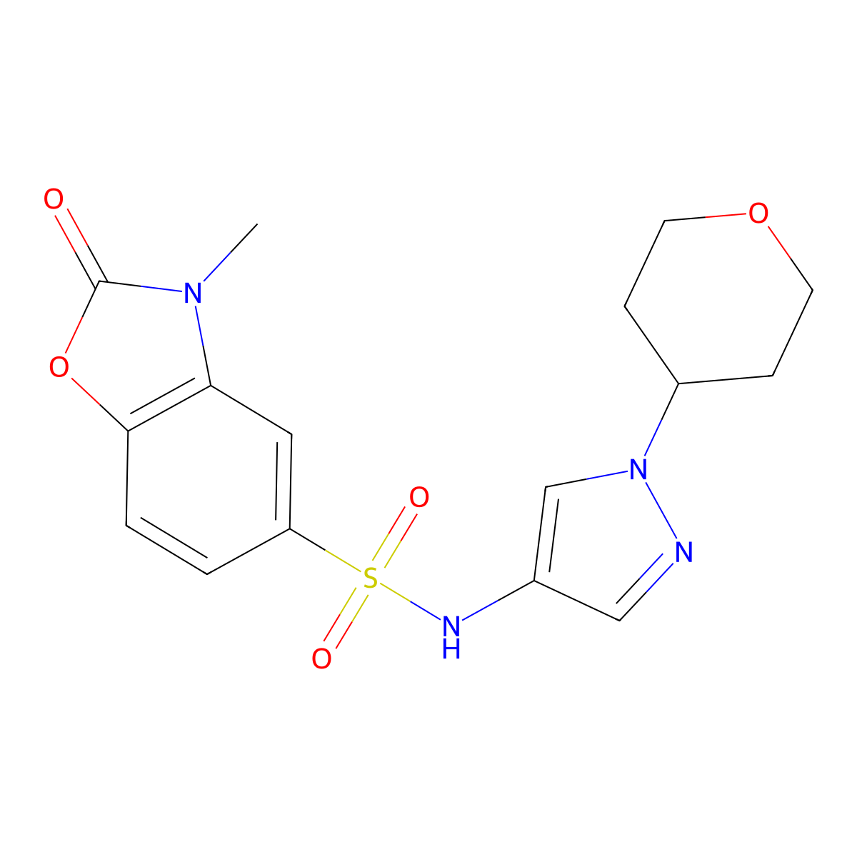 3-methyl-2-oxo-N-(1-(tetrahydro-2H-pyran-4-yl)-1H-pyrazol-4-yl)-2,3-dihydrobenzo[d]oxazole-5-sulfonamide molecular structure, CAS 1704660-30-9