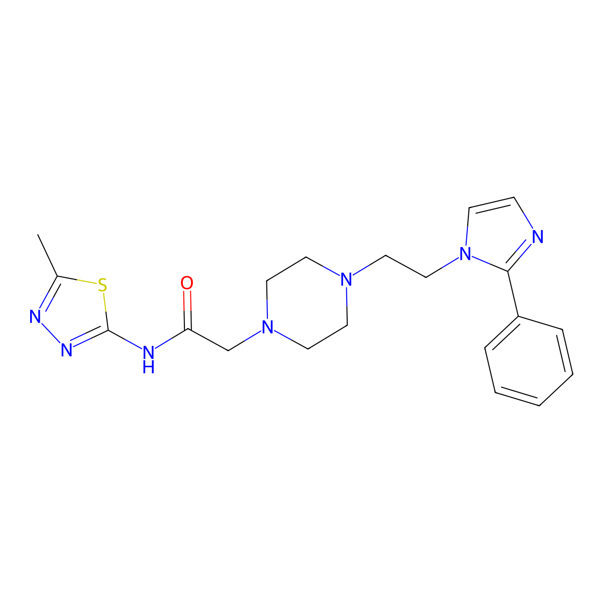 N-(5-methyl-1,3,4-thiadiazol-2-yl)-2-(4-(2-(2-phenyl-1H-imidazol-1-yl)ethyl)piperazin-1-yl)acetamide molecular structure, CAS 1704988-45-3