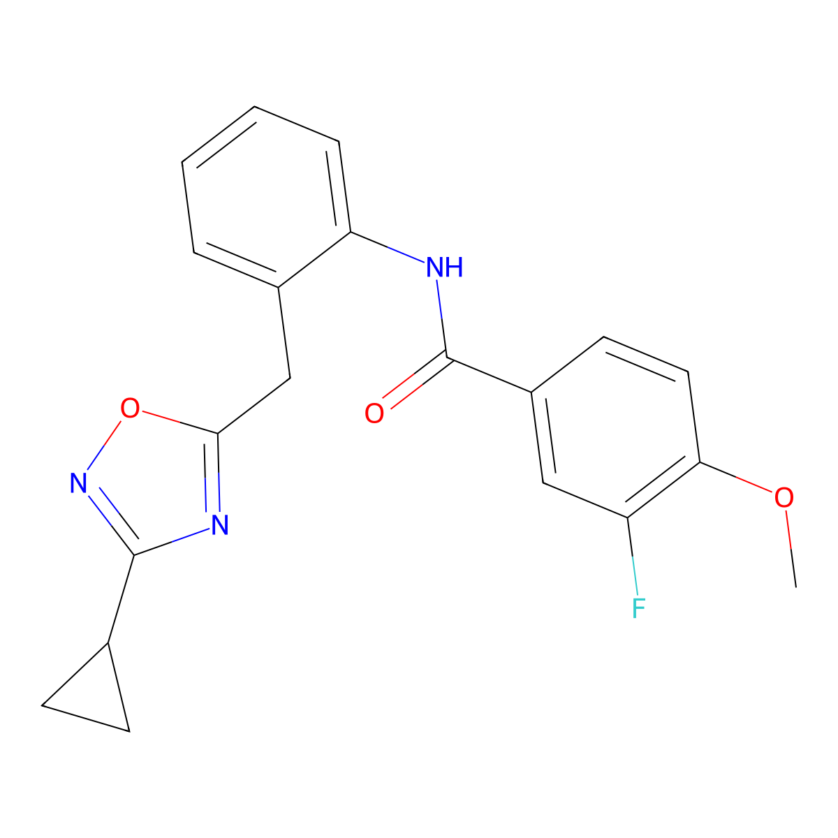 N-(2-((3-cyclopropyl-1,2,4-oxadiazol-5-yl)methyl)phenyl)-3-fluoro-4-methoxybenzamide molecular structure, CAS 1704991-70-7