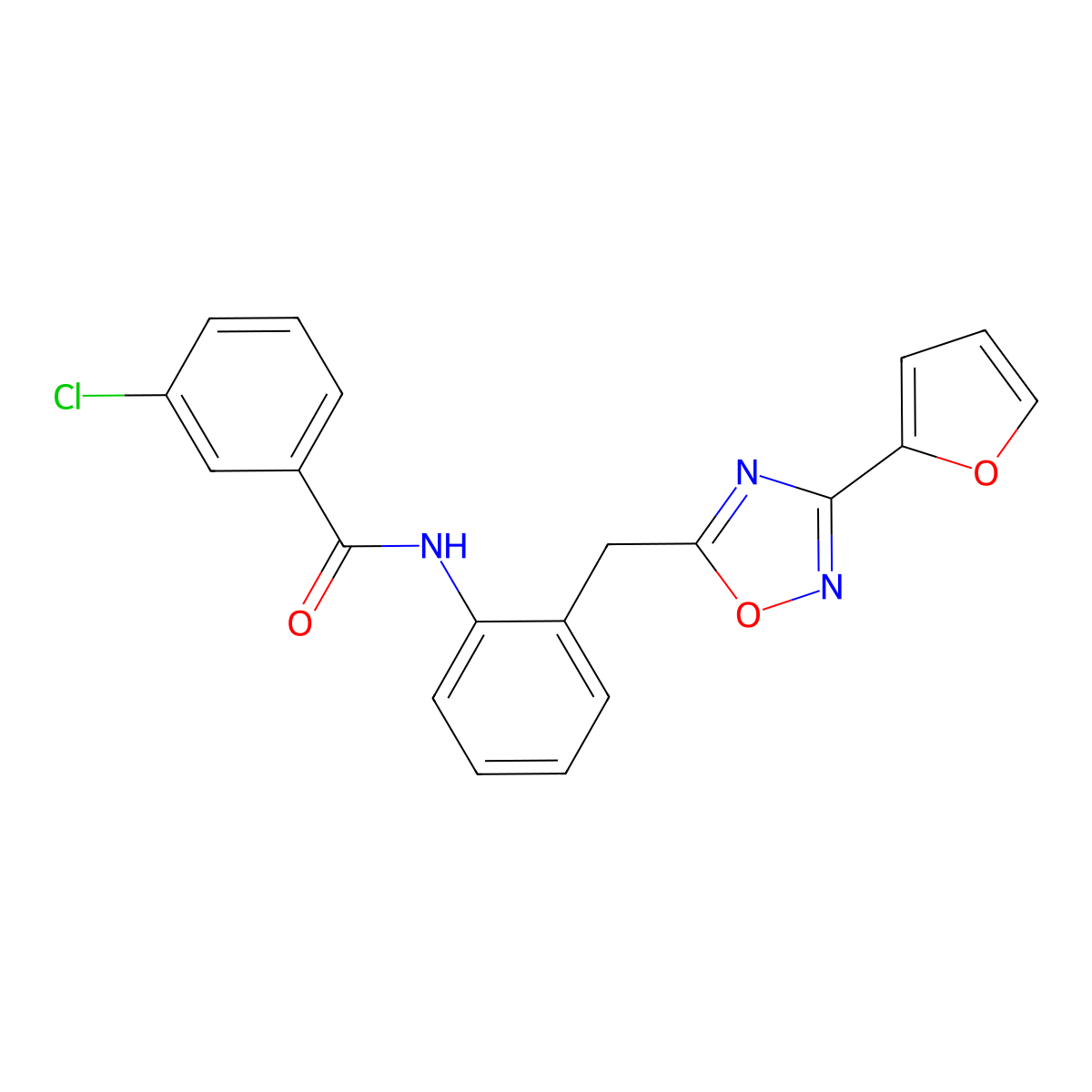 3-chloro-N-(2-((3-(furan-2-yl)-1,2,4-oxadiazol-5-yl)methyl)phenyl)benzamide molecular structure, CAS 1704999-50-7