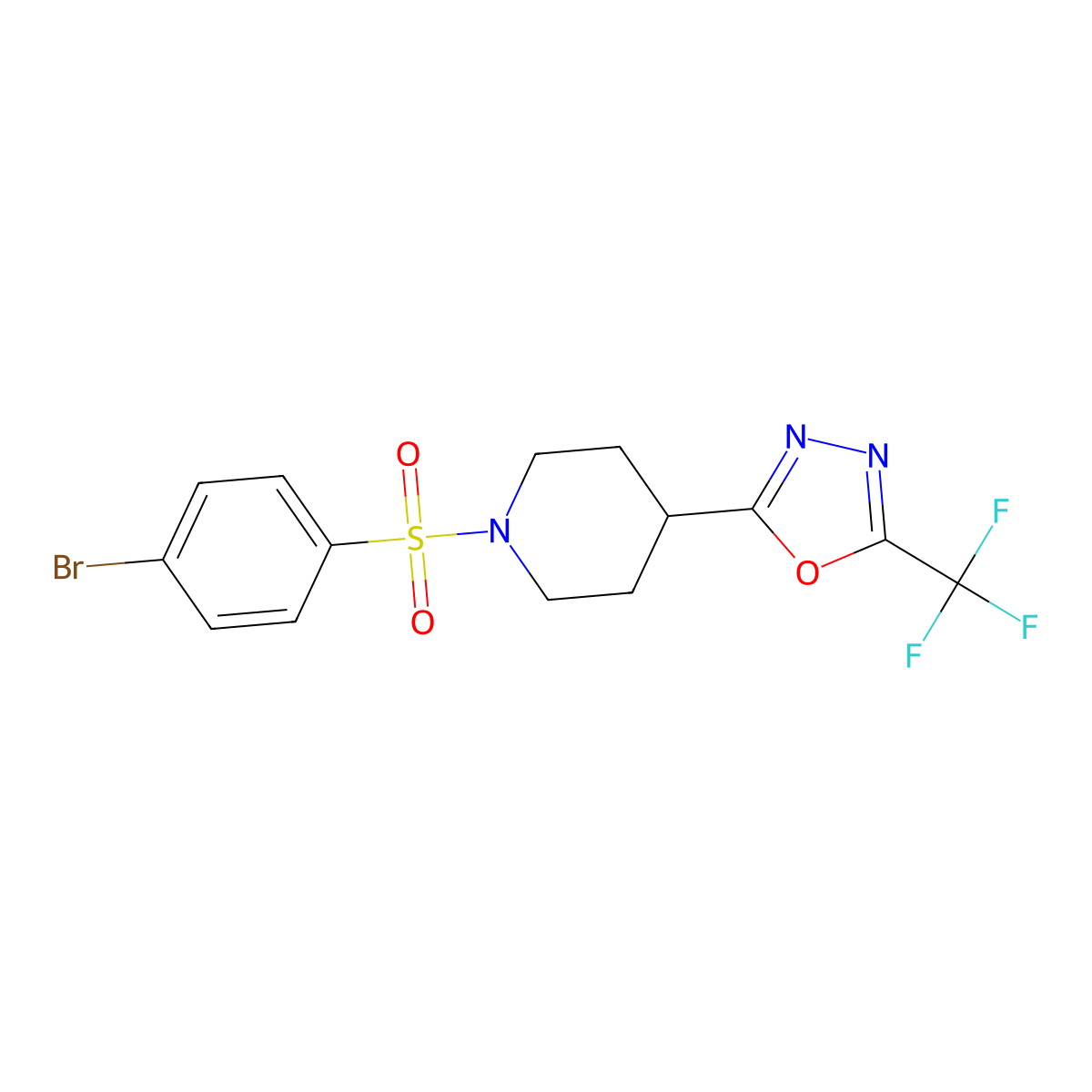 2-(1-((4-Bromophenyl)sulfonyl)piperidin-4-yl)-5-(trifluoromethyl)-1,3,4-oxadiazole molecular structure, CAS 1705037-44-0