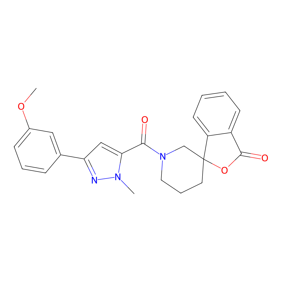 1'-[3-(3-methoxyphenyl)-1-methyl-1H-pyrazole-5-carbonyl]-3H-spiro[2-benzofuran-1,3'-piperidine]-3-one molecular structure, CAS 1705057-73-3