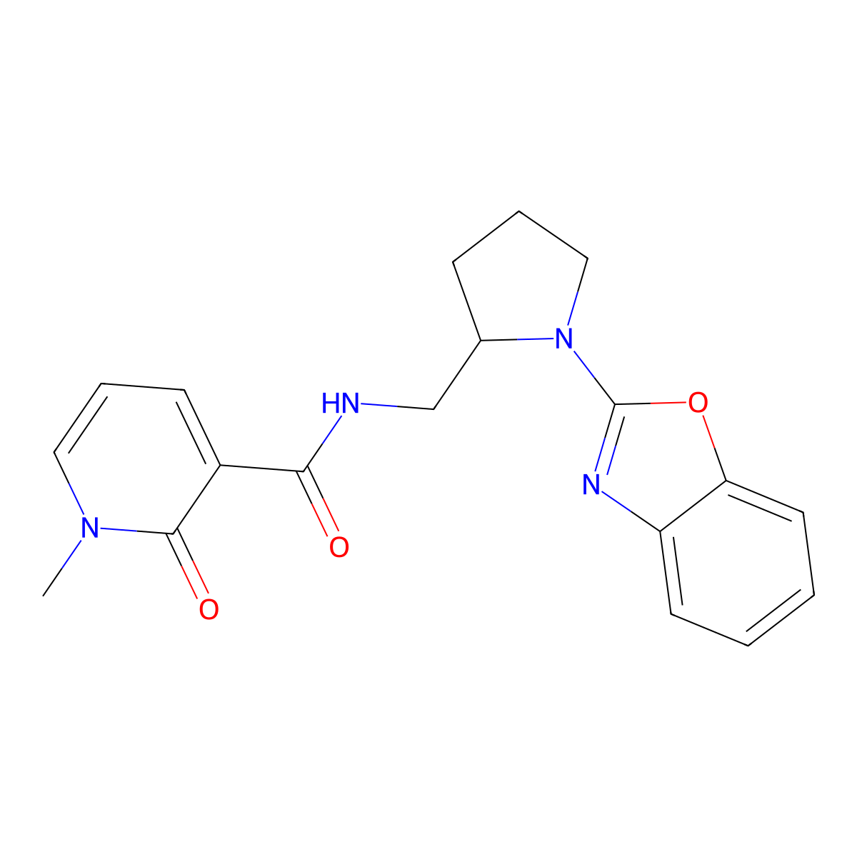 N-((1-(benzo[d]oxazol-2-yl)pyrrolidin-2-yl)methyl)-1-methyl-2-oxo-1,2-dihydropyridine-3-carboxamide molecular structure, CAS 1705058-15-6