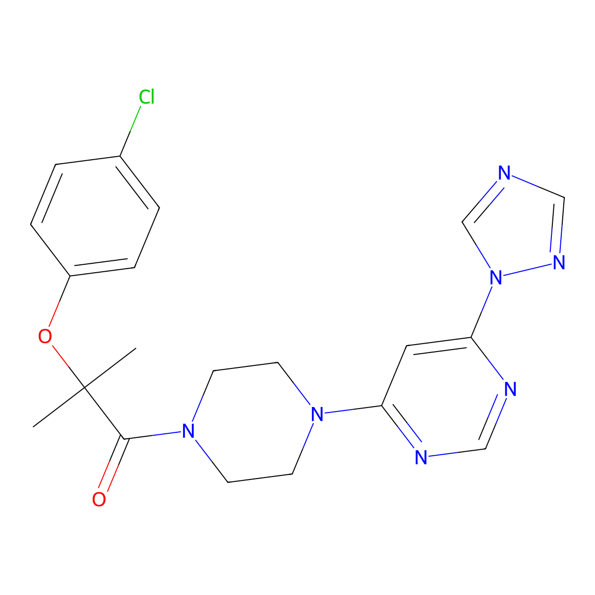 1-(4-(6-(1H-1,2,4-triazol-1-yl)pyrimidin-4-yl)piperazin-1-yl)-2-(4-chlorophenoxy)-2-methylpropan-1-one molecular structure, CAS 1705062-17-4