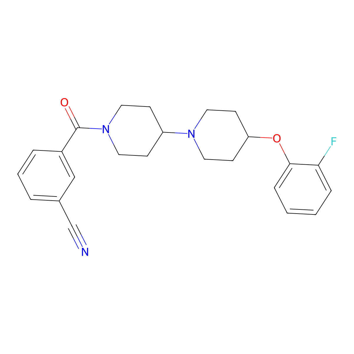 3-(4-(2-Fluorophenoxy)-[1,4'-bipiperidine]-1'-carbonyl)benzonitrile molecular structure, CAS 1705063-01-9
