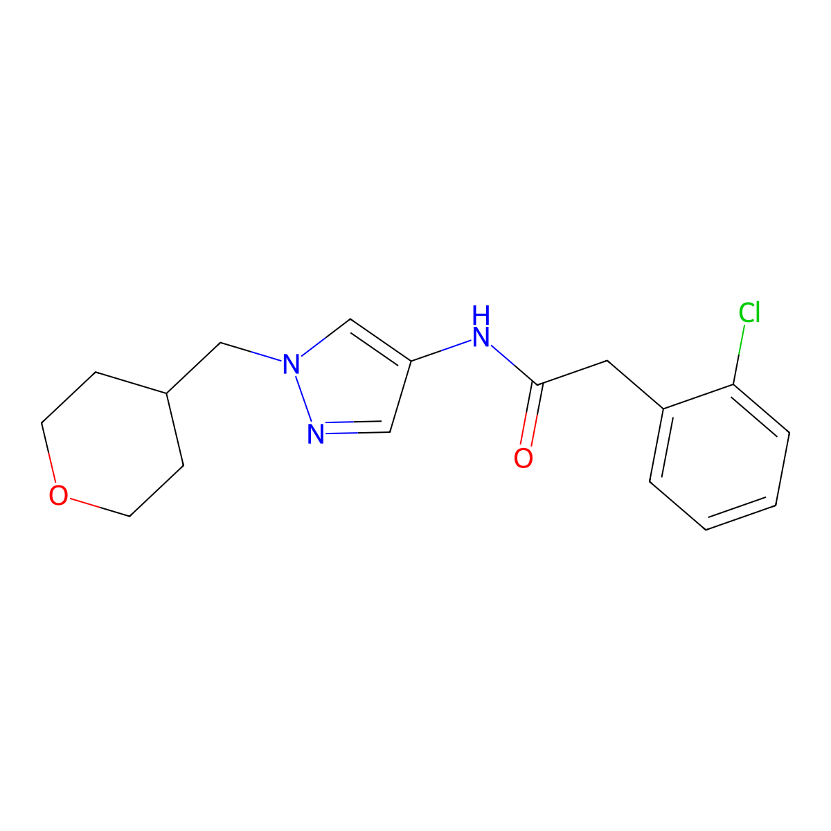 2-(2-chlorophenyl)-N-(1-((tetrahydro-2H-pyran-4-yl)methyl)-1H-pyrazol-4-yl)acetamide molecular structure, CAS 1705063-68-8