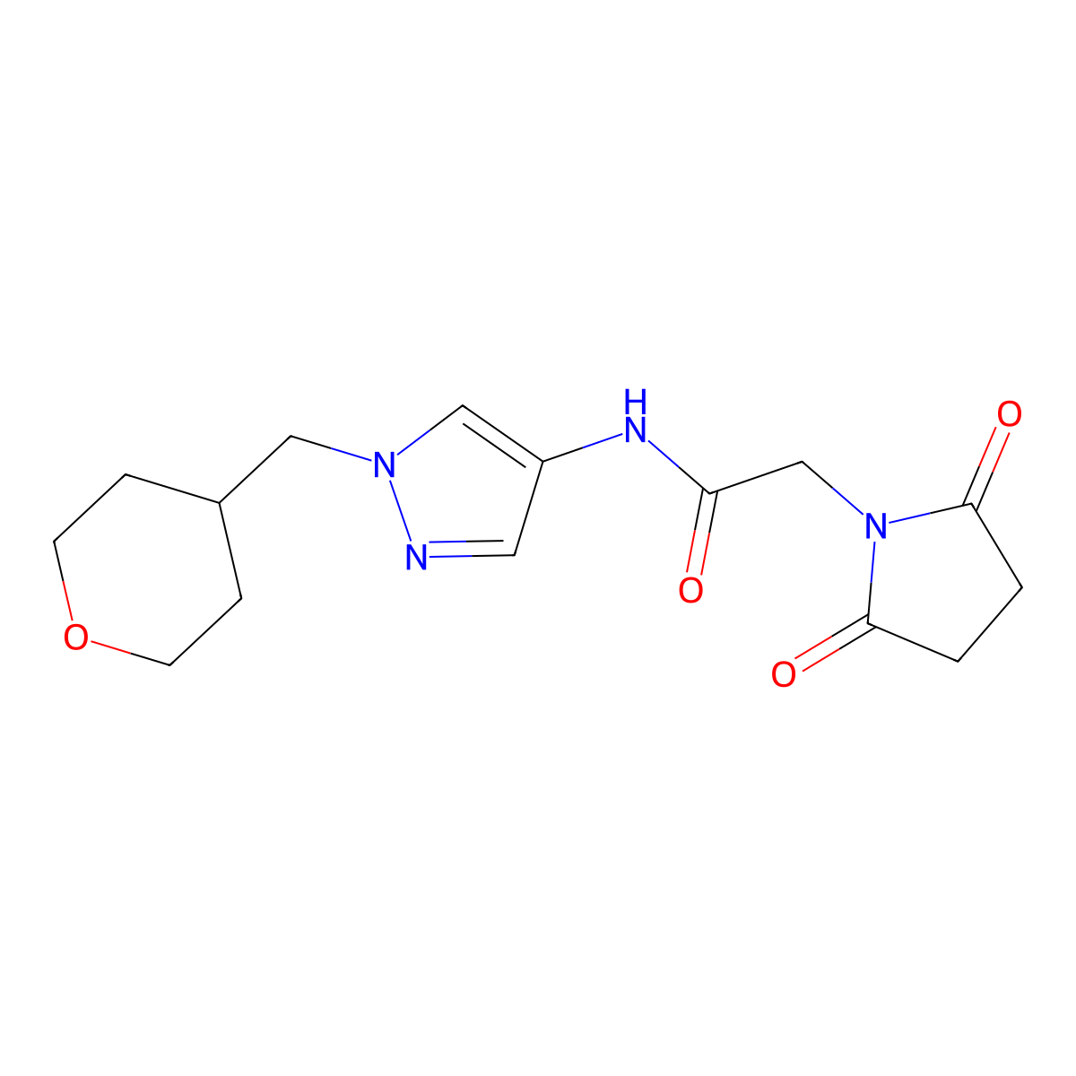2-(2,5-dioxopyrrolidin-1-yl)-N-(1-((tetrahydro-2H-pyran-4-yl)methyl)-1H-pyrazol-4-yl)acetamide molecular structure, CAS 1705063-76-8