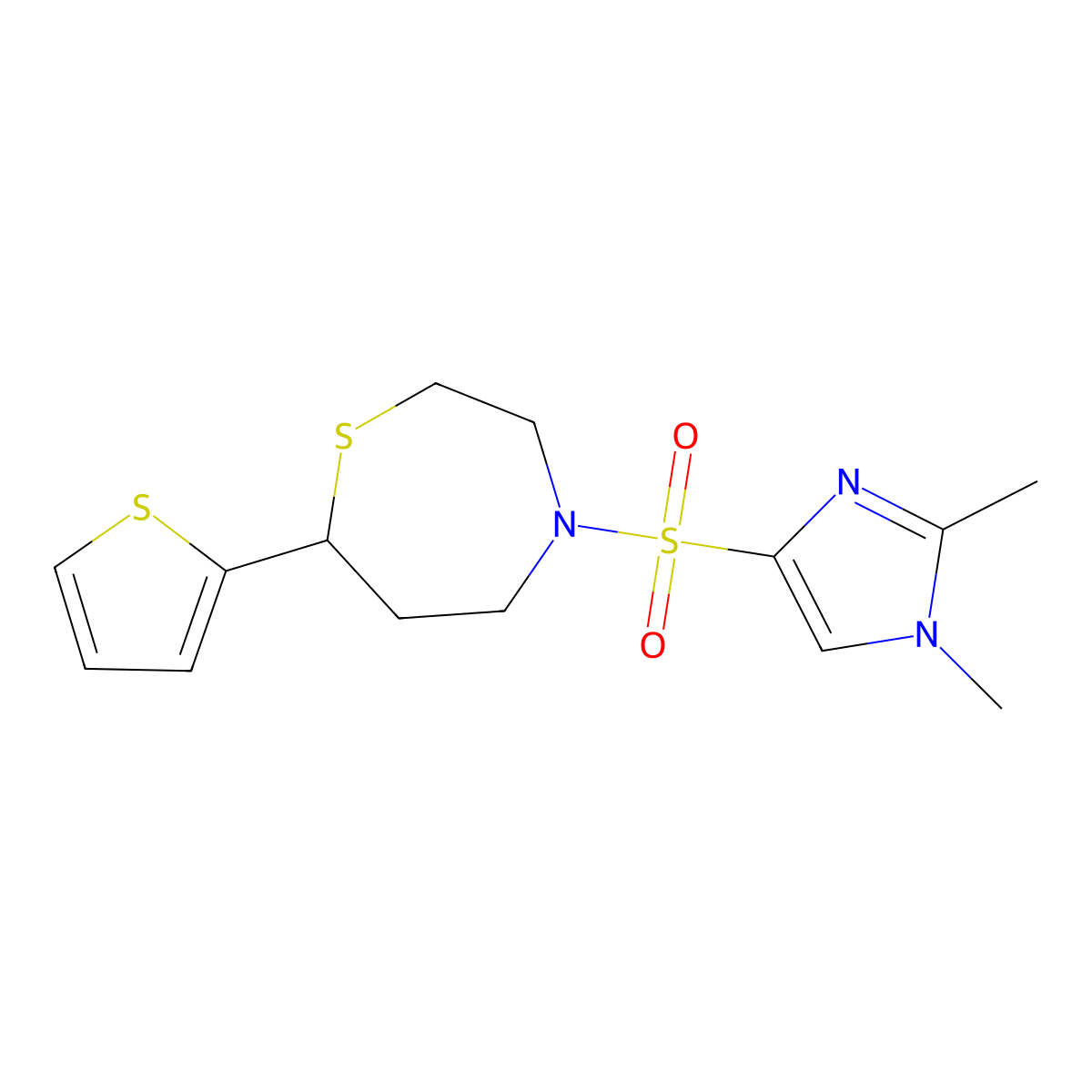 4-[(1,2-dimethyl-1H-imidazol-4-yl)sulfonyl]-7-(thiophen-2-yl)-1,4-thiazepane molecular structure, CAS 1705064-07-8