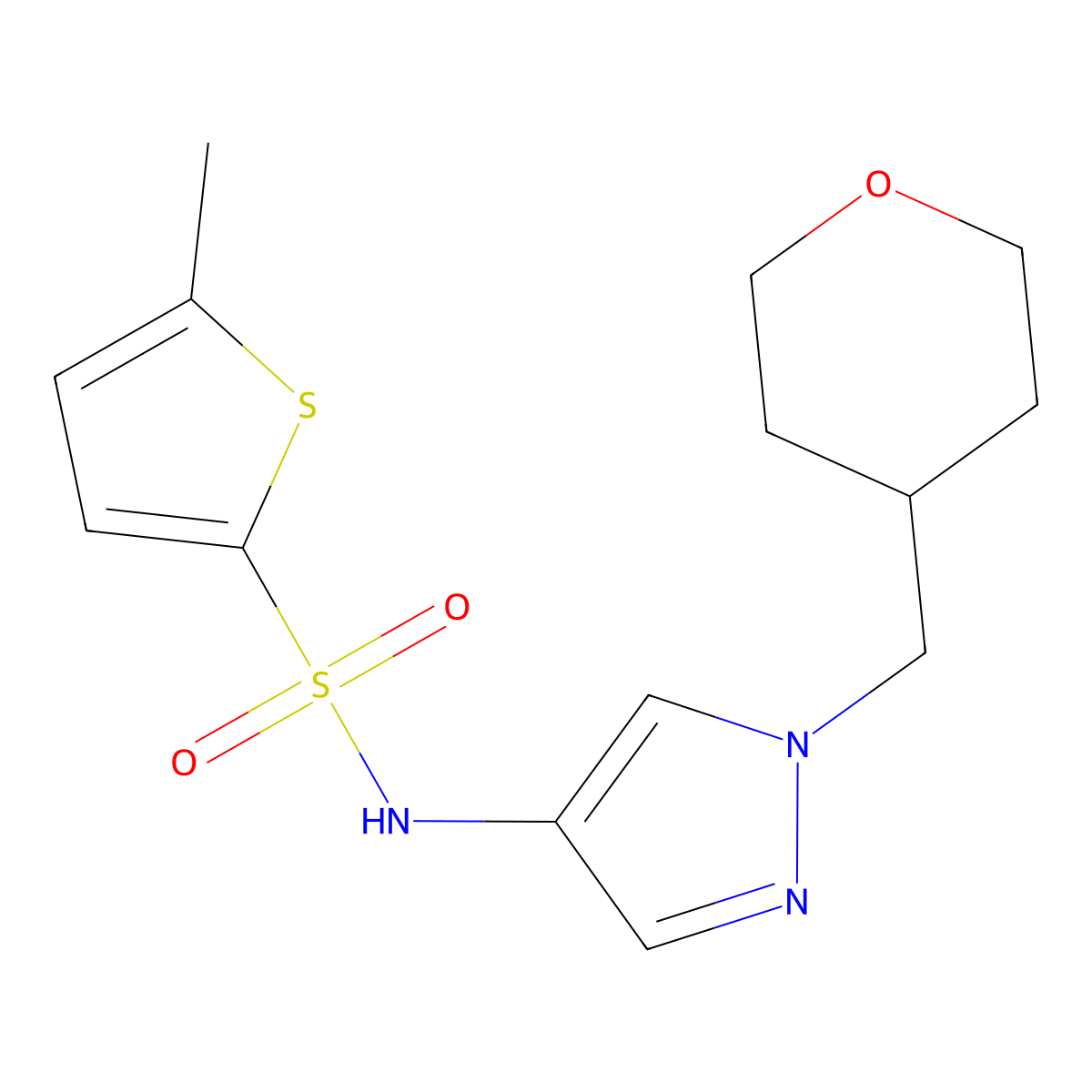 5-methyl-N-(1-((tetrahydro-2H-pyran-4-yl)methyl)-1H-pyrazol-4-yl)thiophene-2-sulfonamide molecular structure, CAS 1705064-09-0