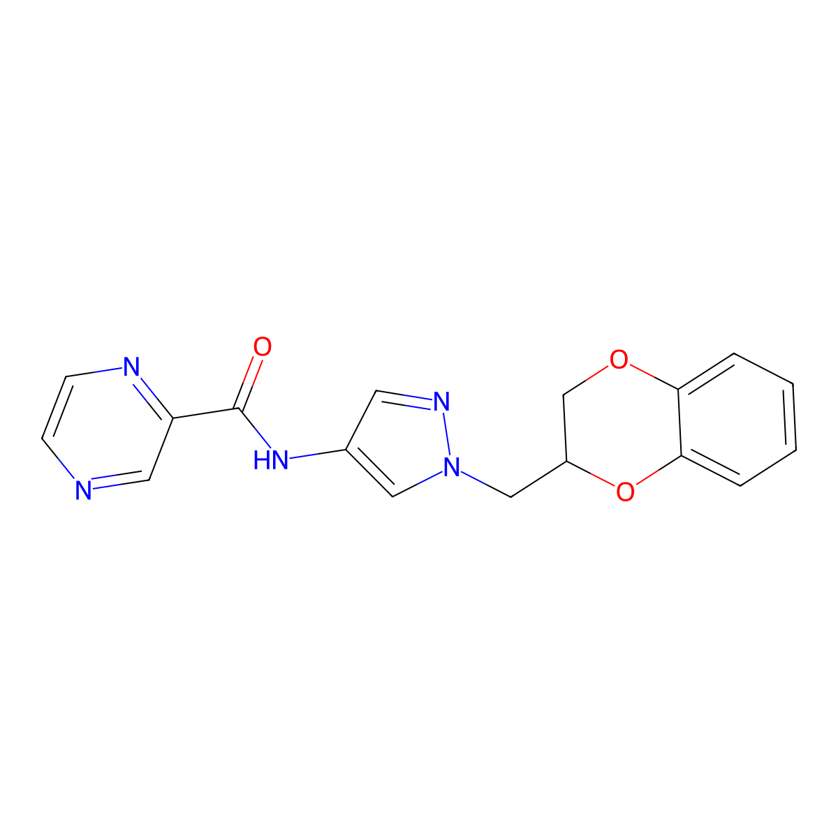 N-(1-((2,3-dihydrobenzo[b][1,4]dioxin-2-yl)methyl)-1H-pyrazol-4-yl)pyrazine-2-carboxamide molecular structure, CAS 1705064-88-5
