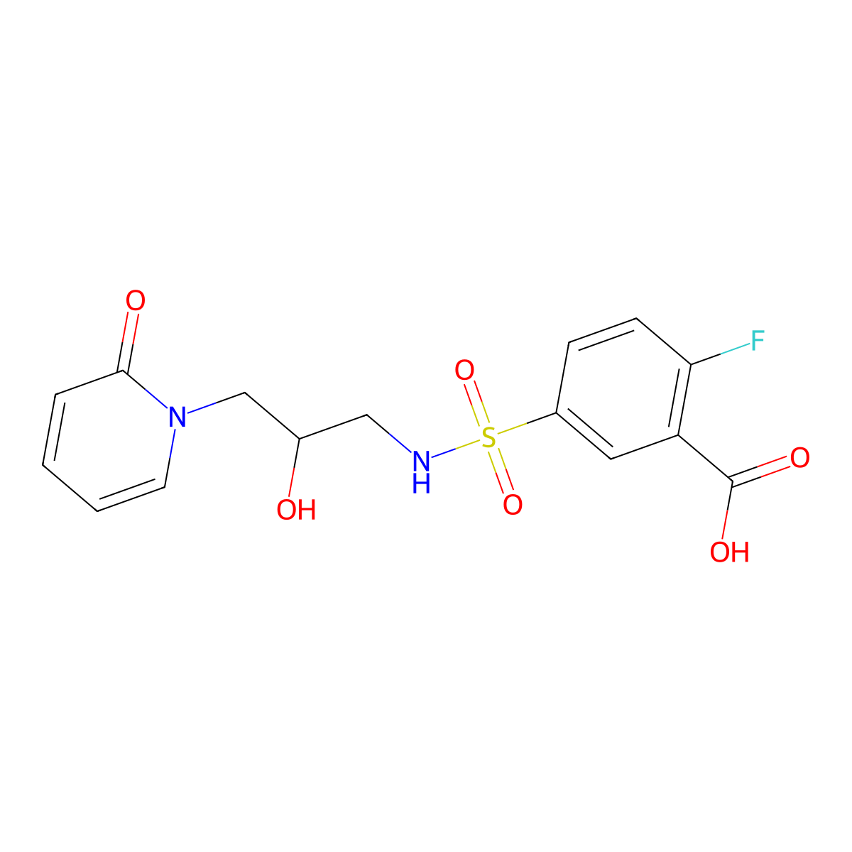 2-fluoro-5-(N-(2-hydroxy-3-(2-oxopyridin-1(2H)-yl)propyl)sulfamoyl)benzoic acid molecular structure, CAS 1705065-54-8