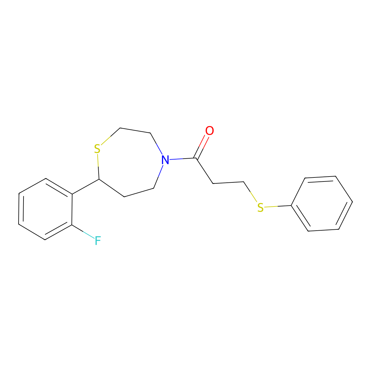 1-(7-(2-Fluorophenyl)-1,4-thiazepan-4-yl)-3-(phenylthio)propan-1-one molecular structure, CAS 1705066-41-6