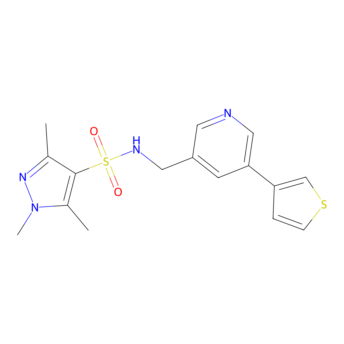 1,3,5-trimethyl-N-{[5-(thiophen-3-yl)pyridin-3-yl]methyl}-1H-pyrazole-4-sulfonamide molecular structure, CAS 1705067-21-5