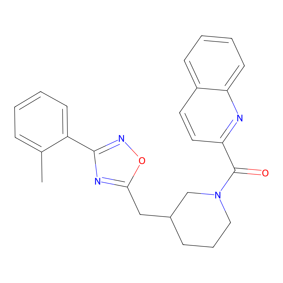 Quinolin-2-yl(3-((3-(o-tolyl)-1,2,4-oxadiazol-5-yl)methyl)piperidin-1-yl)methanone molecular structure, CAS 1705069-05-1