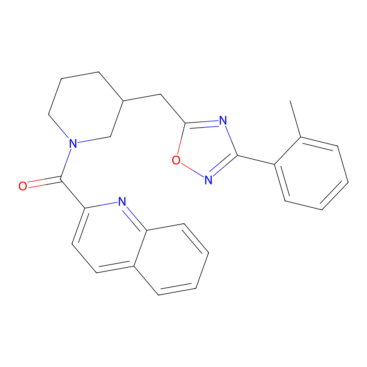 Quinolin-2-yl(3-((3-(o-tolyl)-1,2,4-oxadiazol-5-yl)methyl)piperidin-1-yl)methanone molecular structure, CAS 1705069-05-1
