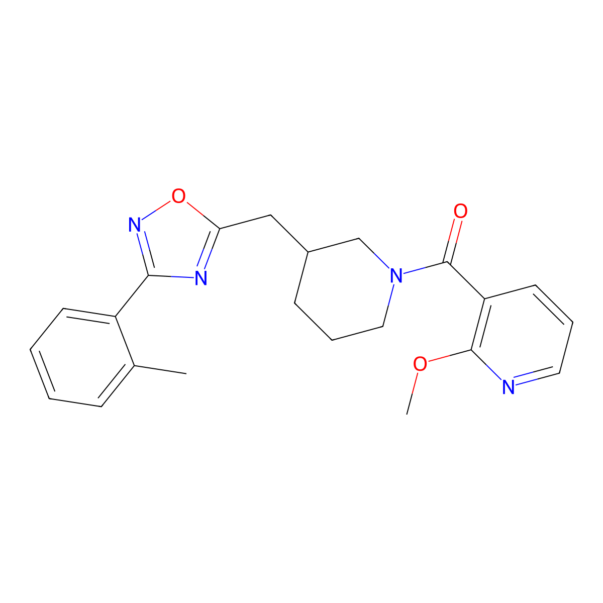 (2-Methoxypyridin-3-yl)(3-((3-(o-tolyl)-1,2,4-oxadiazol-5-yl)methyl)piperidin-1-yl)methanone molecular structure, CAS 1705069-10-8