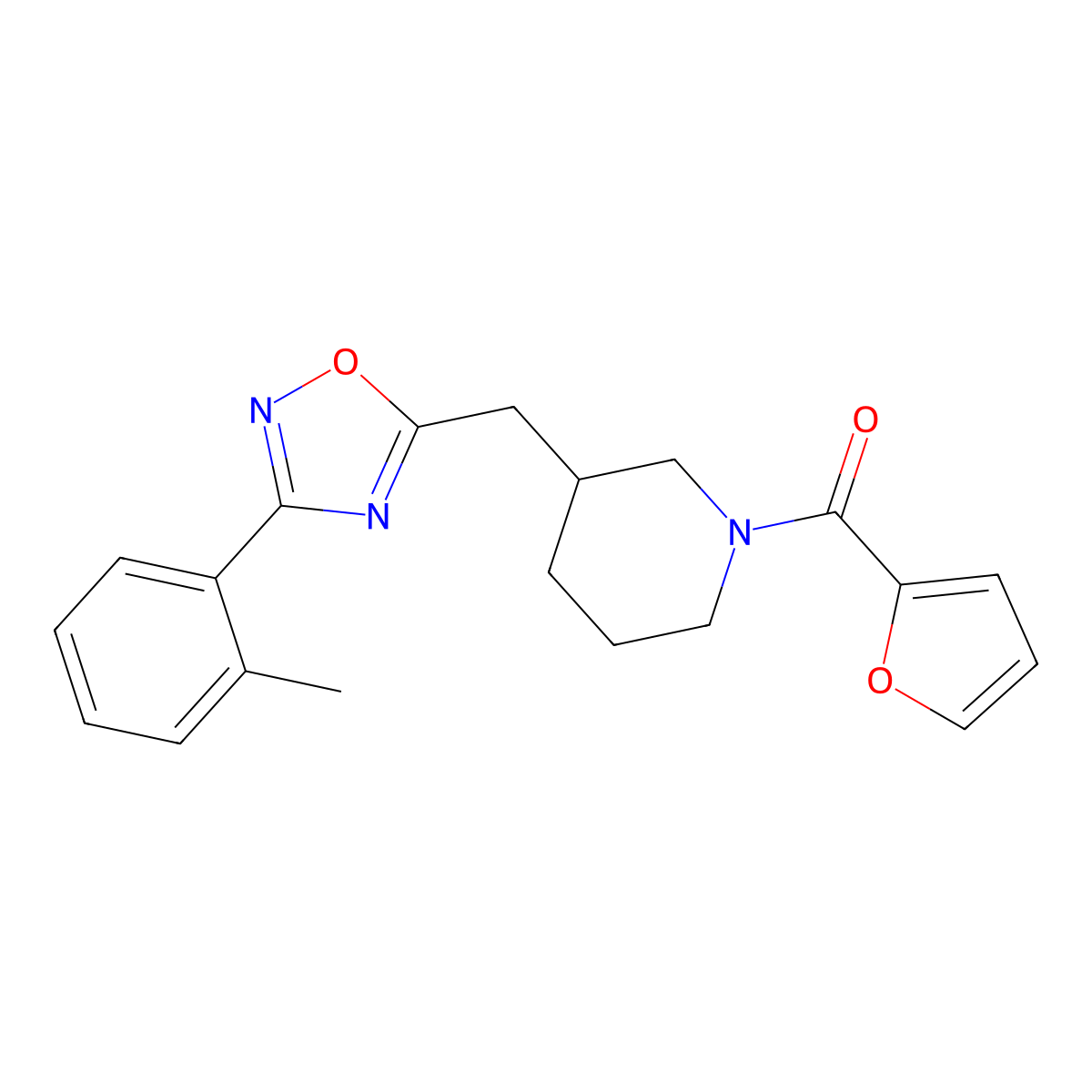 Furan-2-yl(3-((3-(o-tolyl)-1,2,4-oxadiazol-5-yl)methyl)piperidin-1-yl)methanone molecular structure, CAS 1705069-33-5