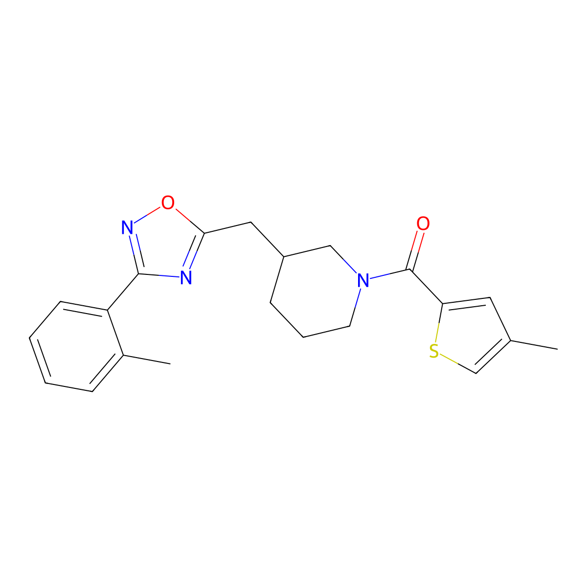 (4-Methylthiophen-2-yl)(3-((3-(o-tolyl)-1,2,4-oxadiazol-5-yl)methyl)piperidin-1-yl)methanone molecular structure, CAS 1705069-43-7