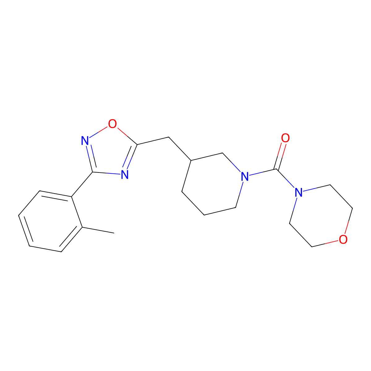 Morpholino(3-((3-(o-tolyl)-1,2,4-oxadiazol-5-yl)methyl)piperidin-1-yl)methanone molecular structure, CAS 1705069-76-6
