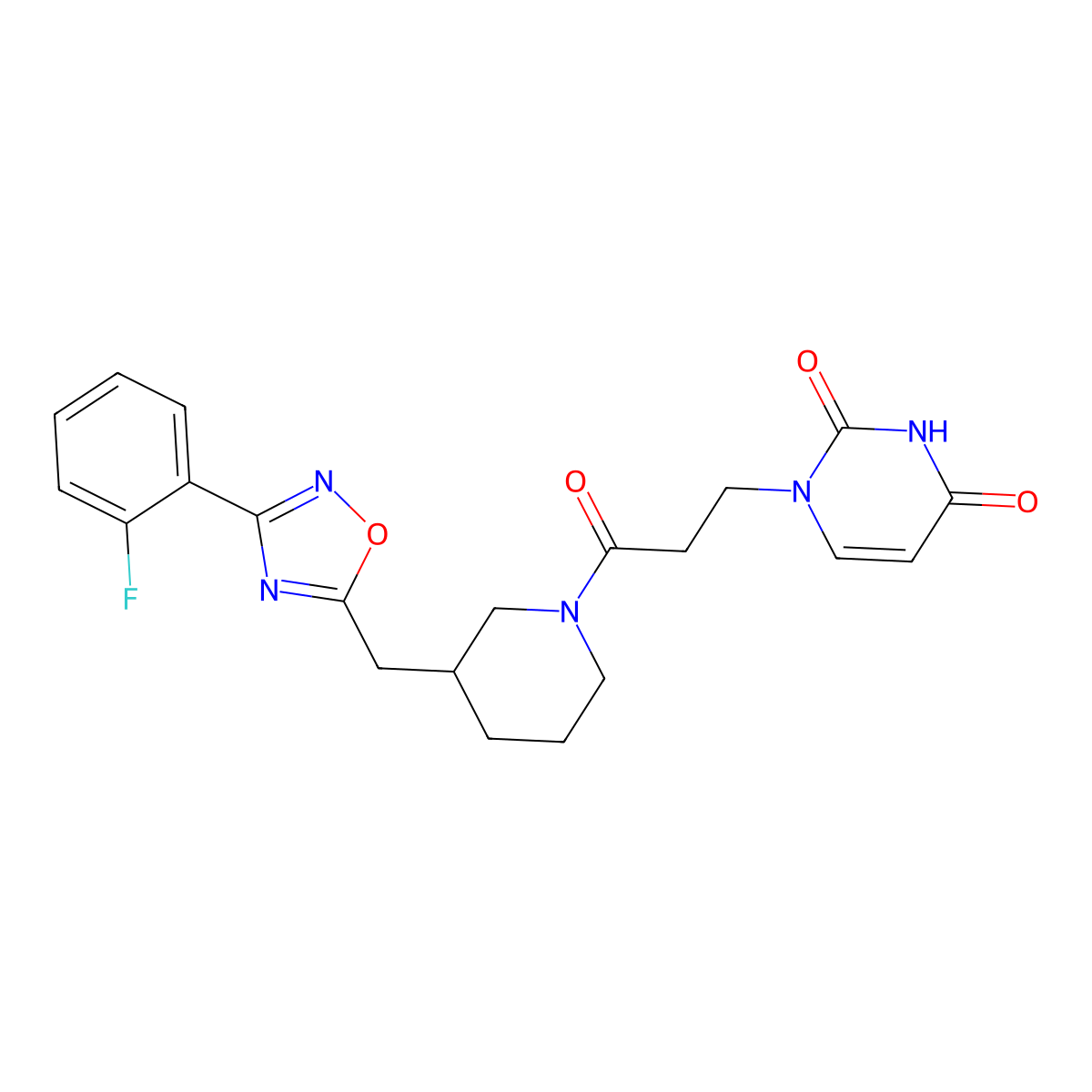 1-(3-(3-((3-(2-fluorophenyl)-1,2,4-oxadiazol-5-yl)methyl)piperidin-1-yl)-3-oxopropyl)pyrimidine-2,4(1H,3H)-dione molecular structure, CAS 1705069-84-6