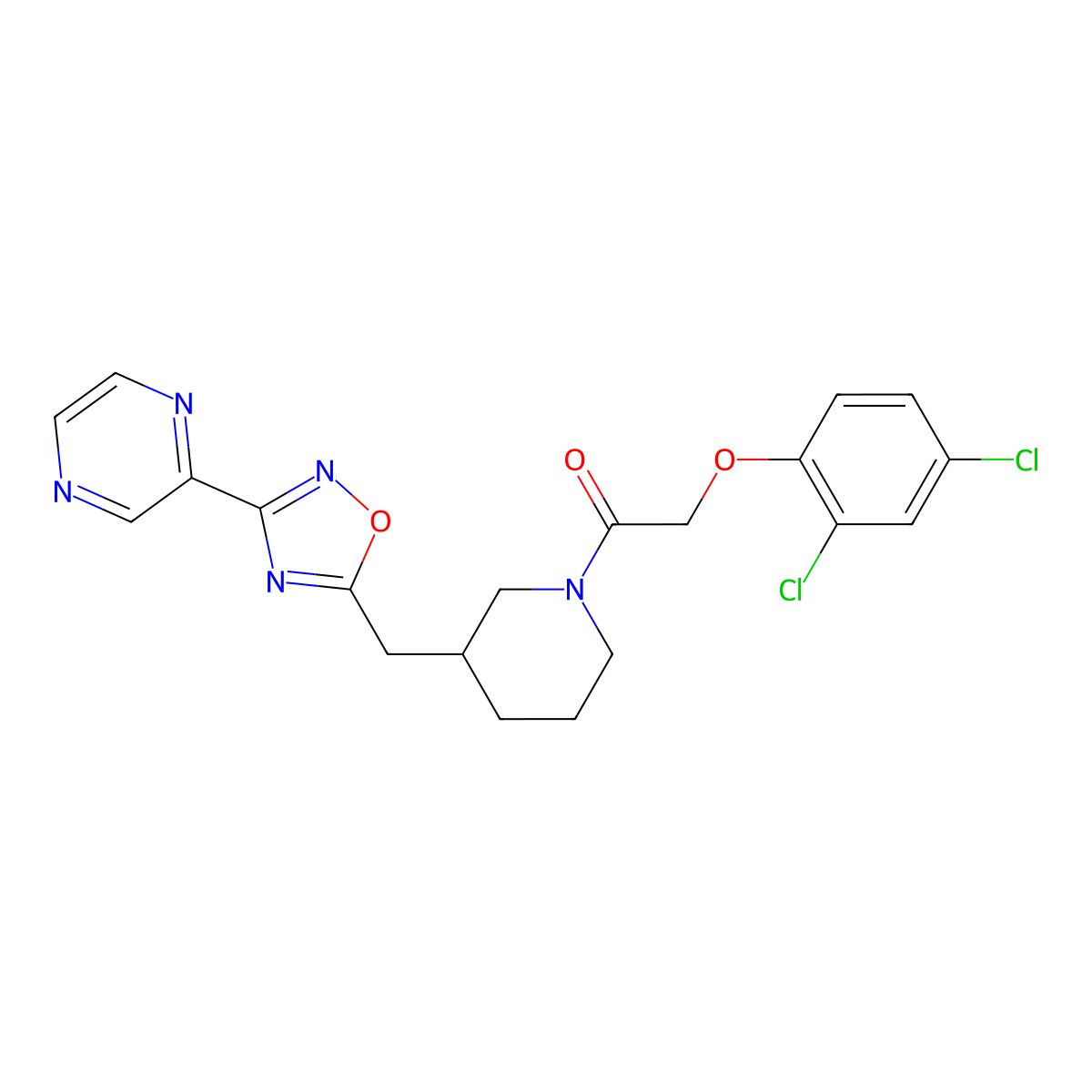 2-(2,4-Dichlorophenoxy)-1-(3-((3-(pyrazin-2-yl)-1,2,4-oxadiazol-5-yl)methyl)piperidin-1-yl)ethanone molecular structure, CAS 1705070-74-1