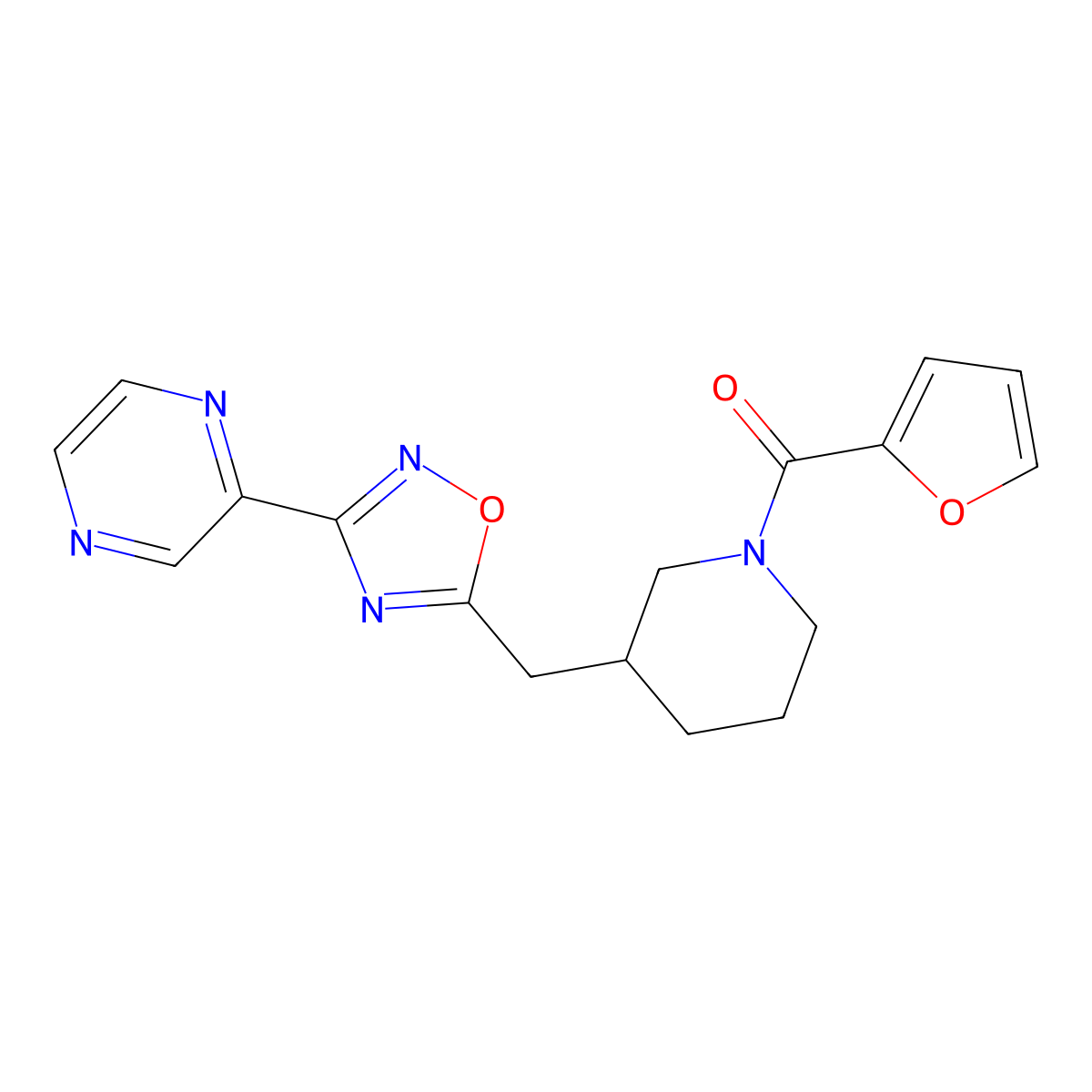 Furan-2-yl(3-((3-(pyrazin-2-yl)-1,2,4-oxadiazol-5-yl)methyl)piperidin-1-yl)methanone molecular structure, CAS 1705070-94-5