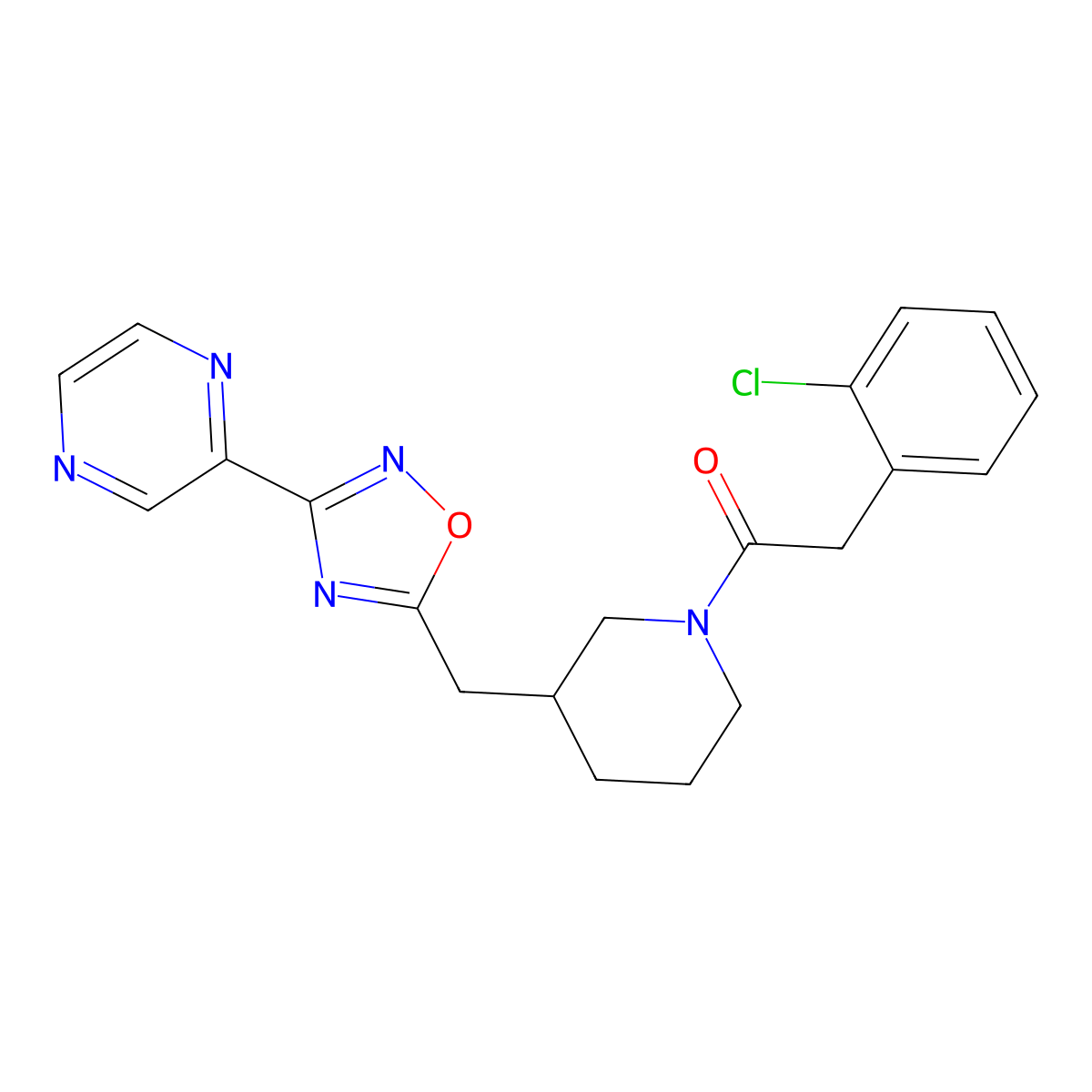 2-(2-Chlorophenyl)-1-(3-((3-(pyrazin-2-yl)-1,2,4-oxadiazol-5-yl)methyl)piperidin-1-yl)ethanone molecular structure, CAS 1705071-08-4